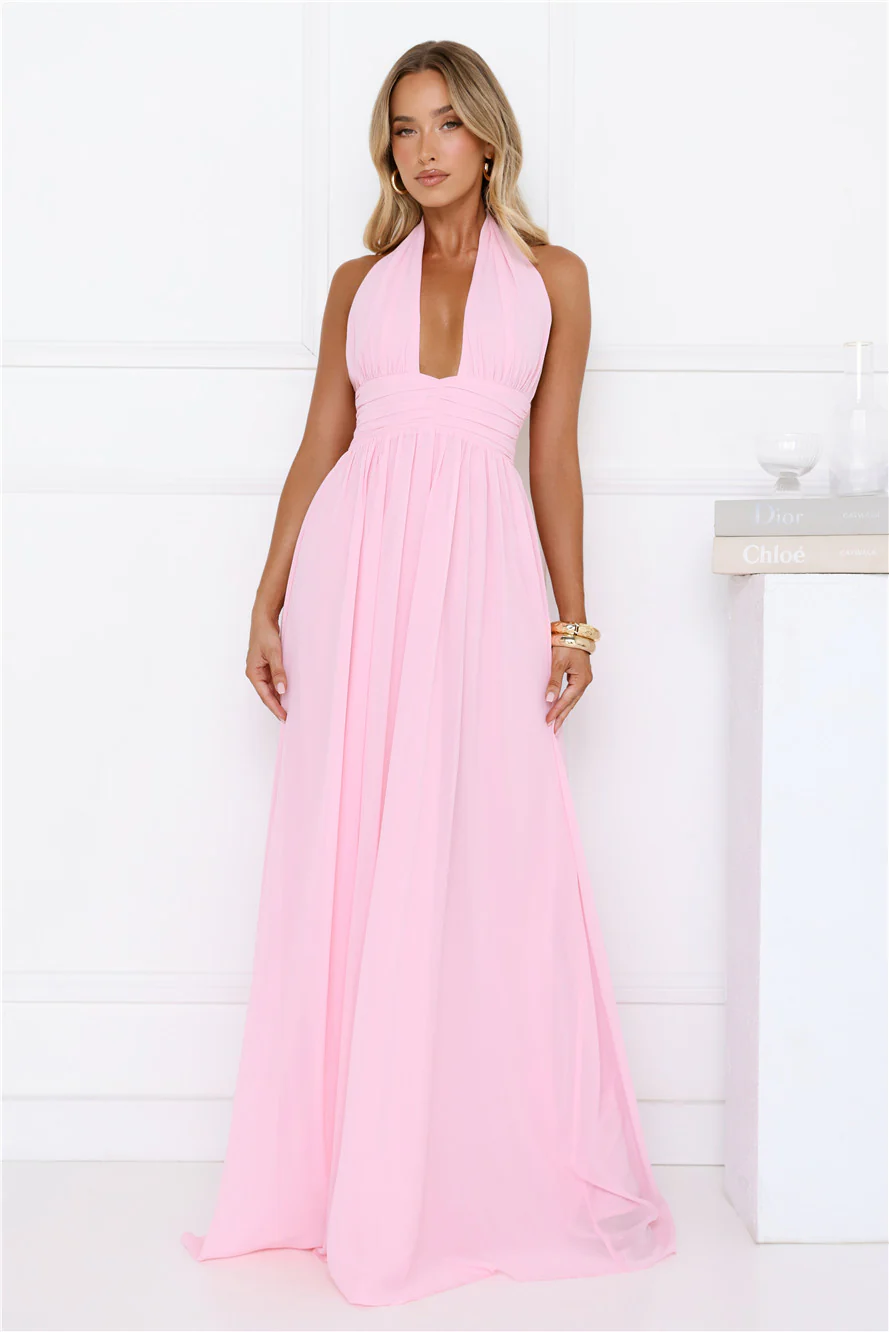 Rosé Opulence Halter Maxi Dress Pink