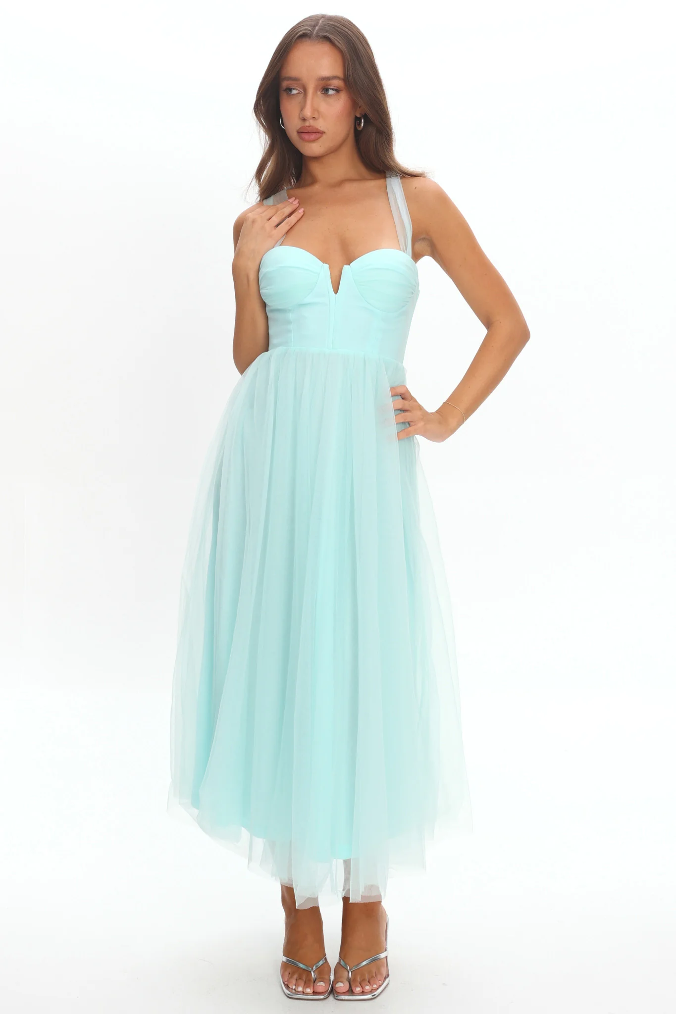 Surreal Lace-Up Back Tulle Midi Dress Mint