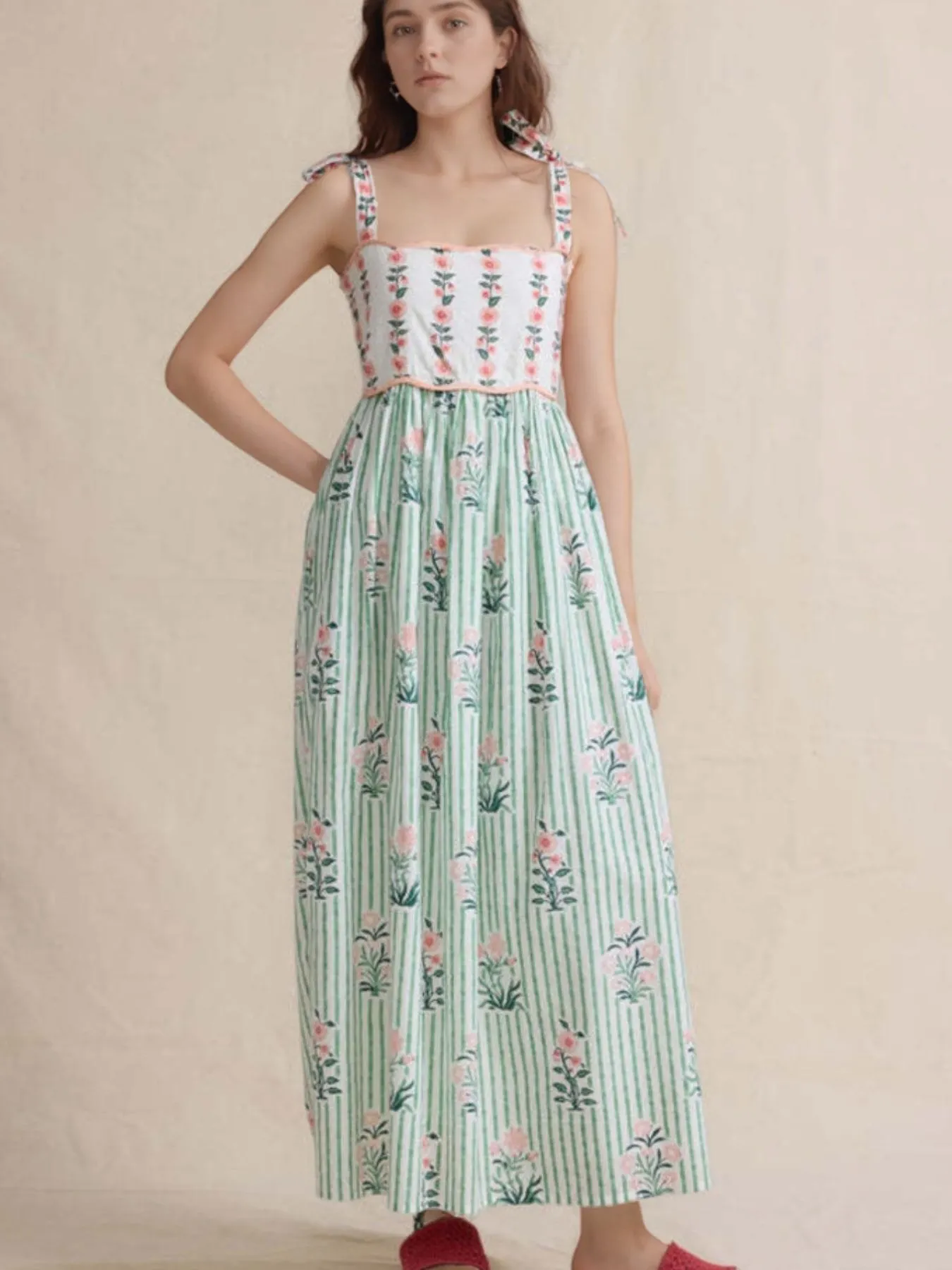 Floral Striped Maxi Cami Dress with Tie Straps