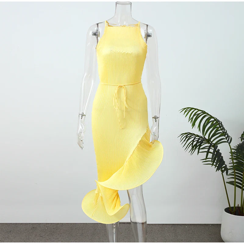 Sculpted Ruffle Asymmetric Hem Halter Midi Dress