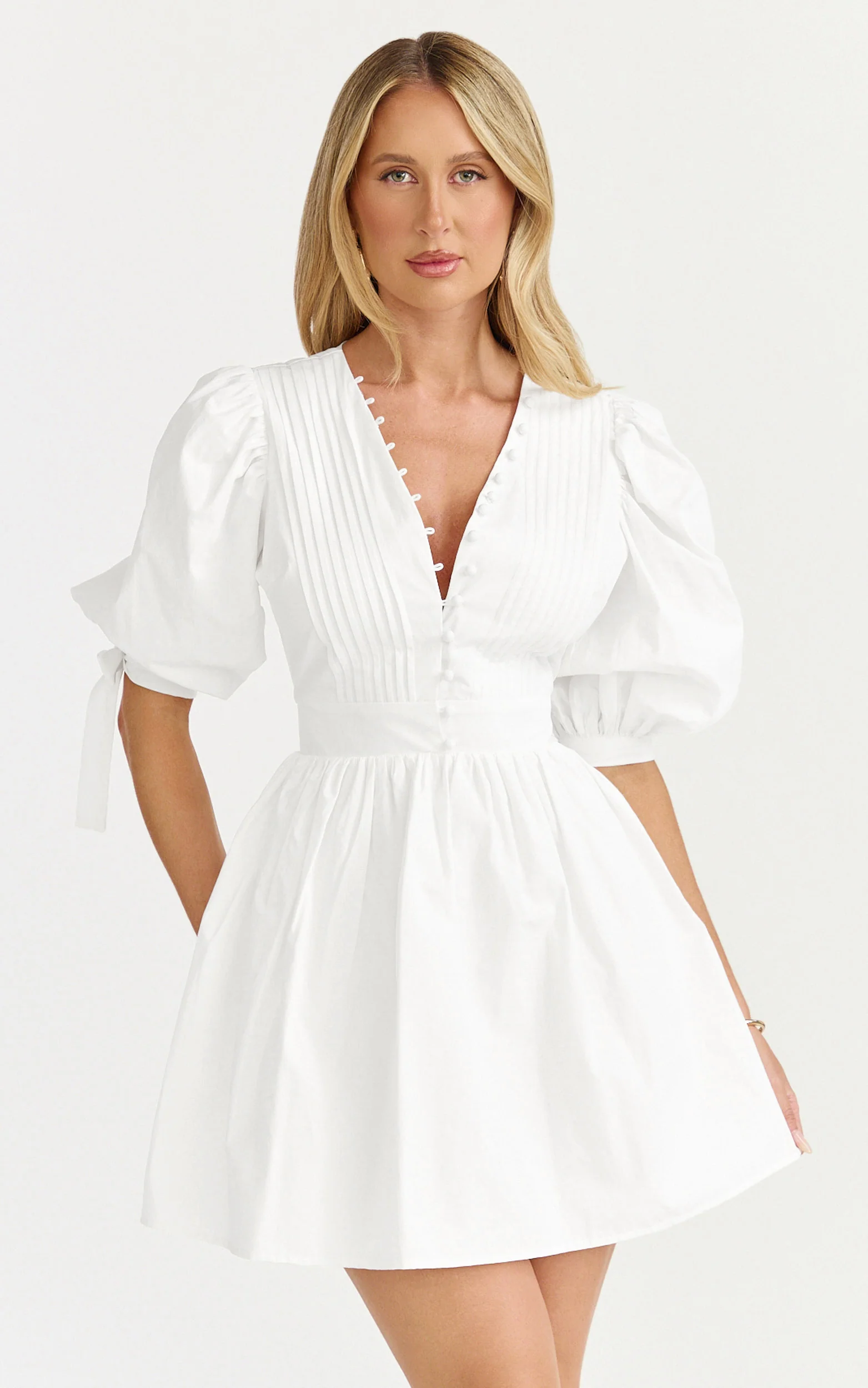 Puff Sleeve Poplin Dress in White