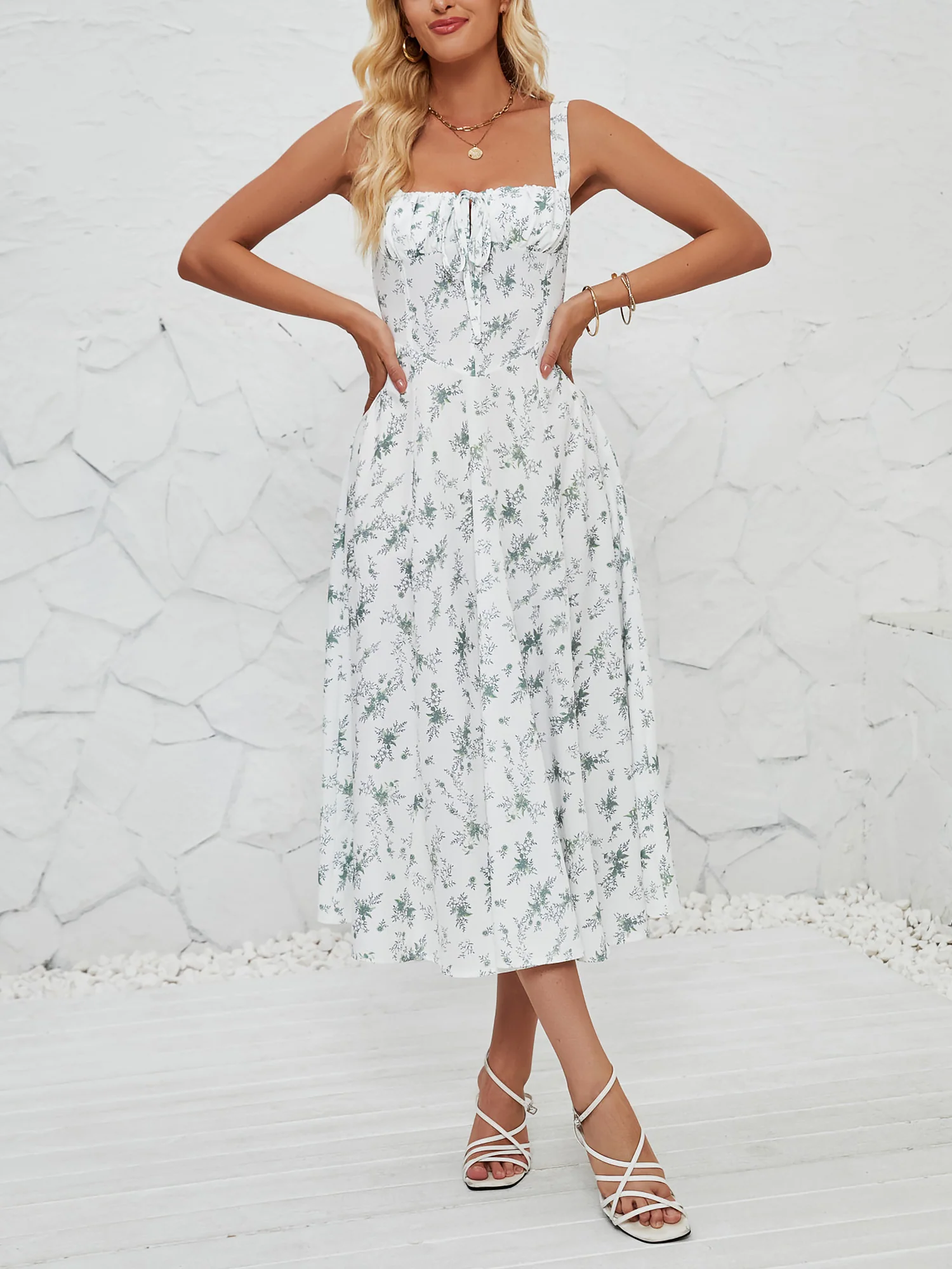 Floral Sleeveless Lace-Up Side Slit Dress Sundress