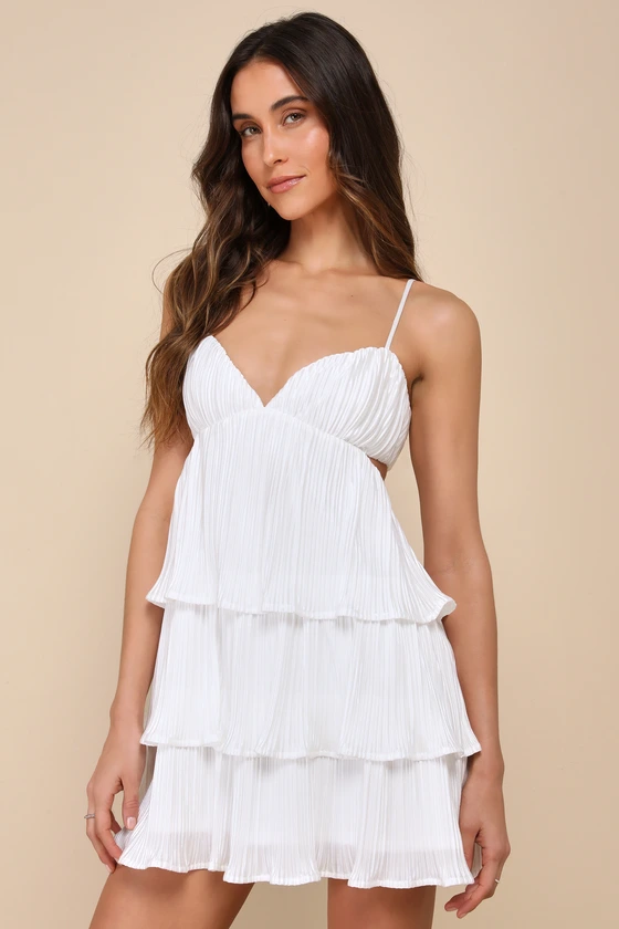 Sleek Dedication White Satin Plisse Cutout Tiered Mini Dress