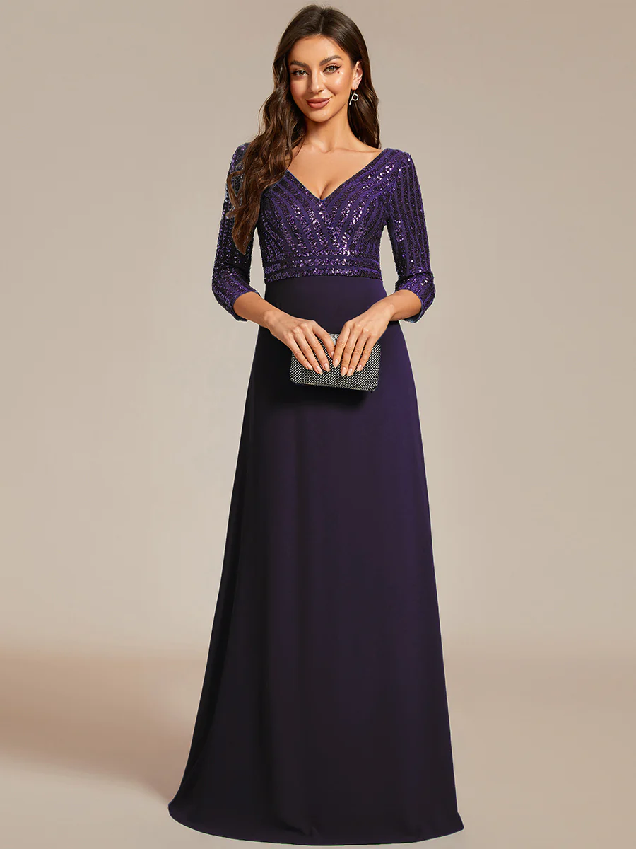 Sexy V Neck A-Line Sequin Wholesale Evening Dresses With 3/4 Sleeve