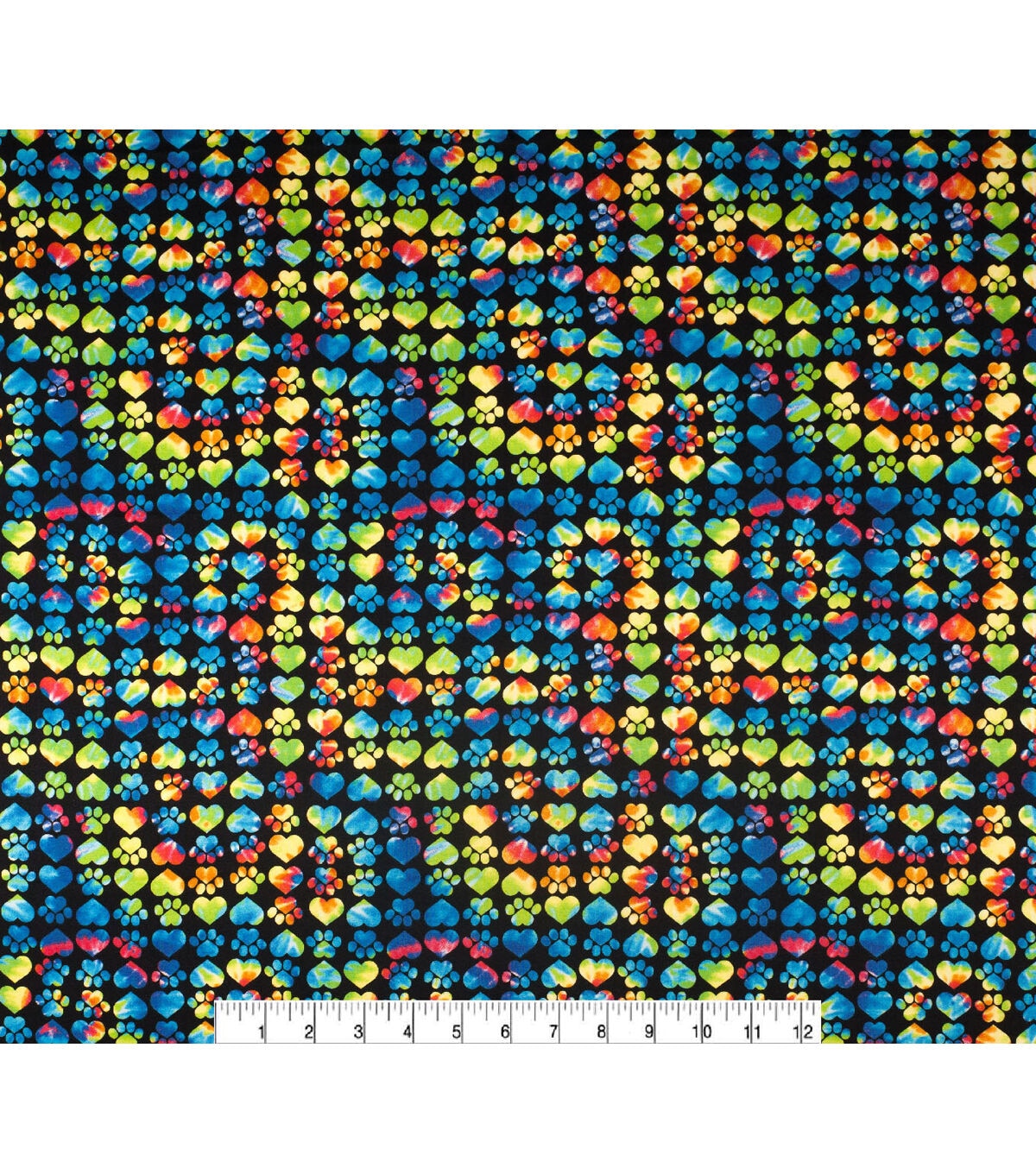 Novelty Cotton Fabric Hearts & Paws Tie Dye on Black