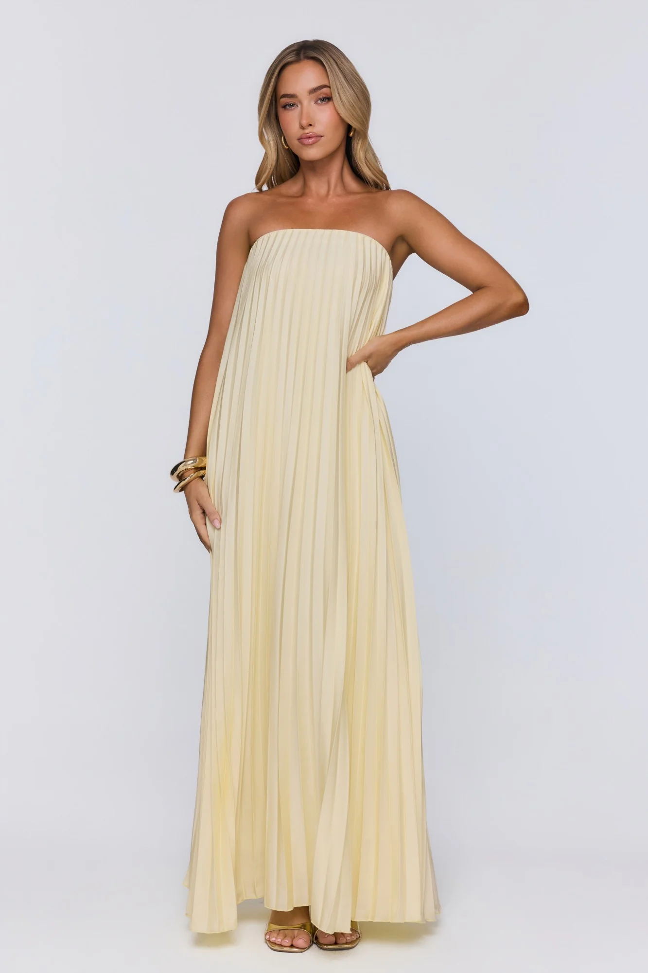 Moonlit Sea Pleated Strapless Maxi Dress Lemon