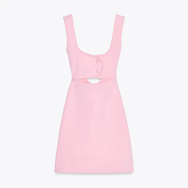 Pink Strap Cut Out Snap Button Bodycon Mini Dress