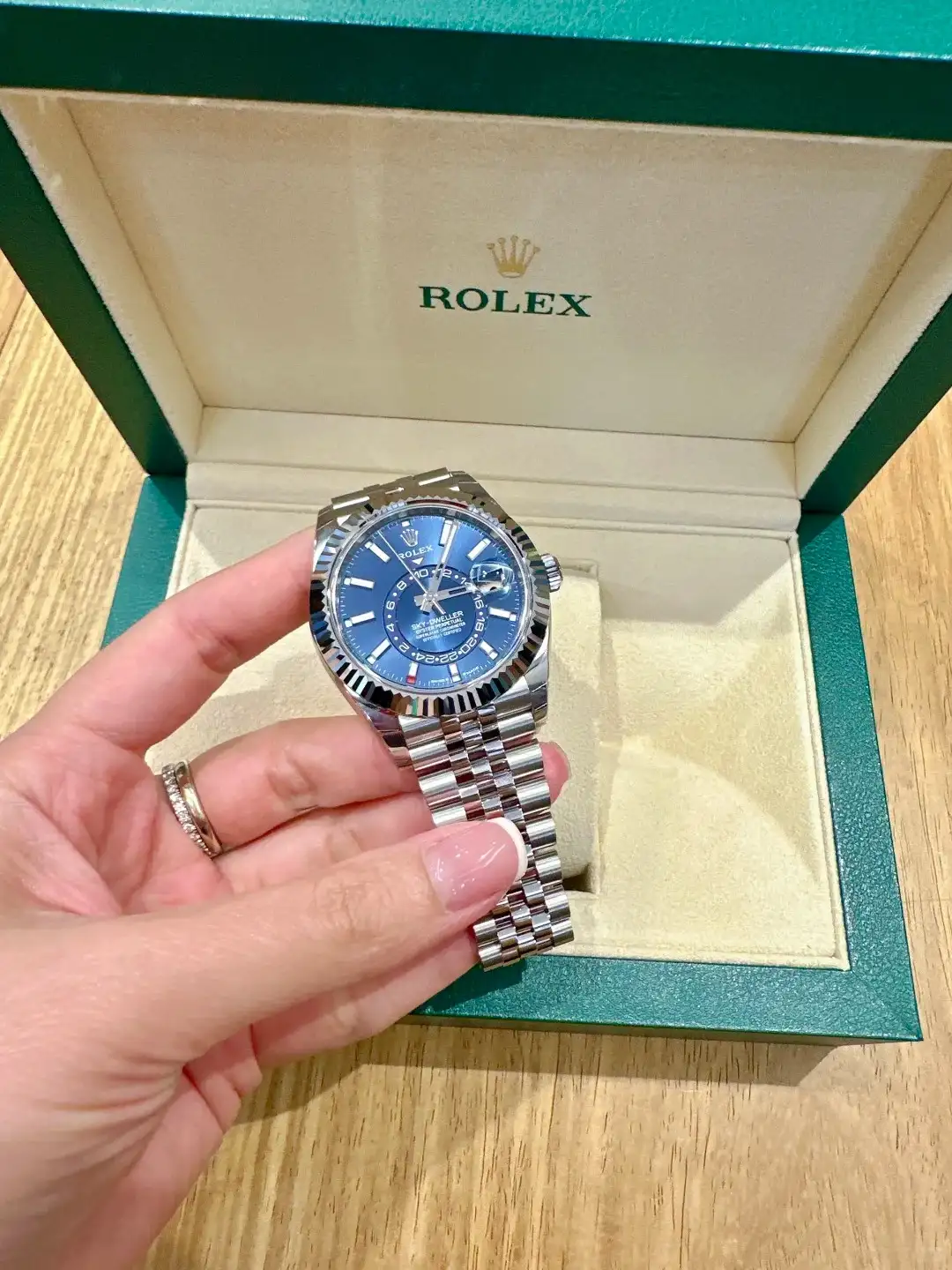 Rolex Sky Dweller Blue Dial White Gold Bezel Steel Jubilee 326934