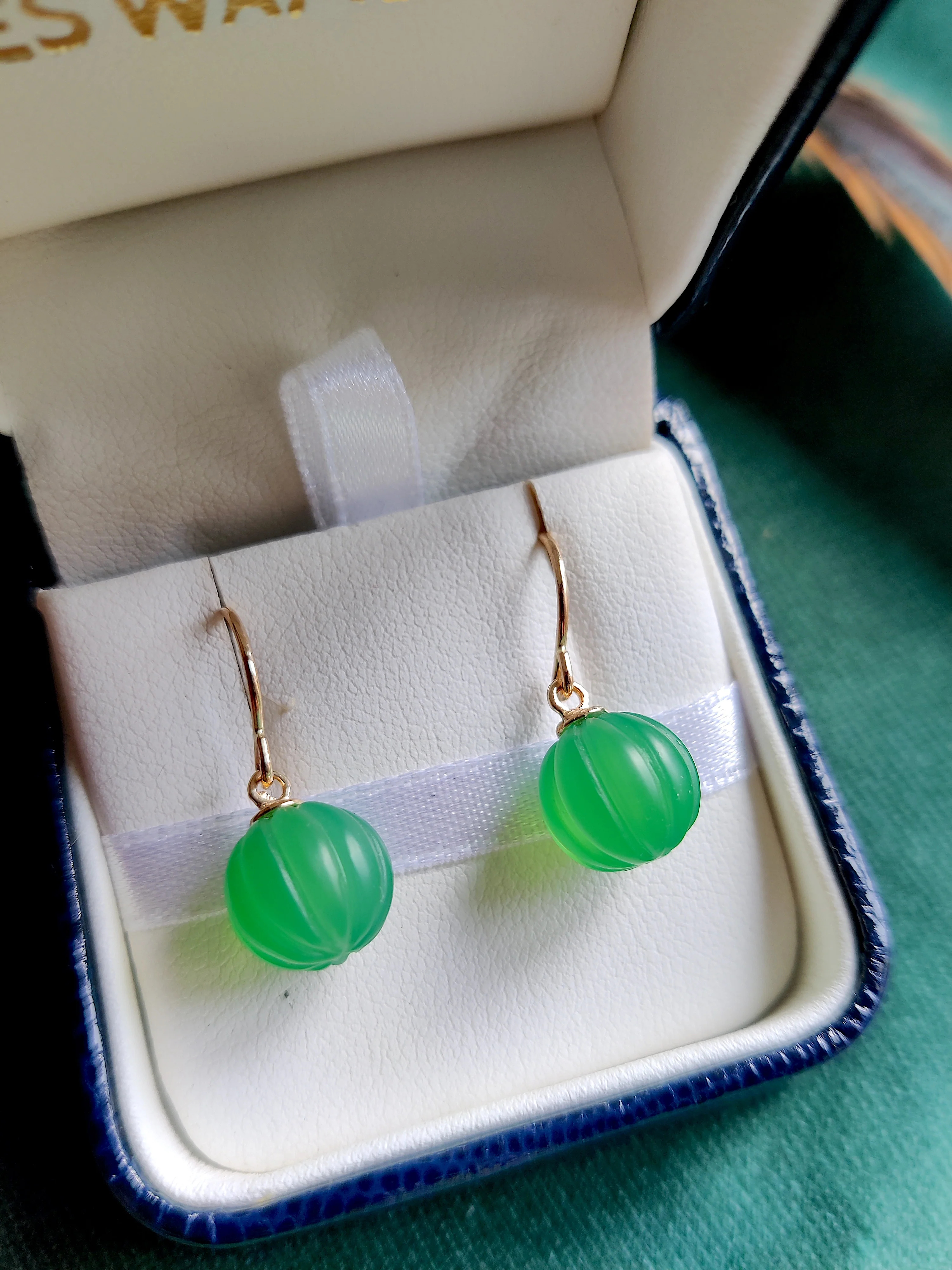 Oorbellen in 14k geel goud met groene Onyx - Pompoen