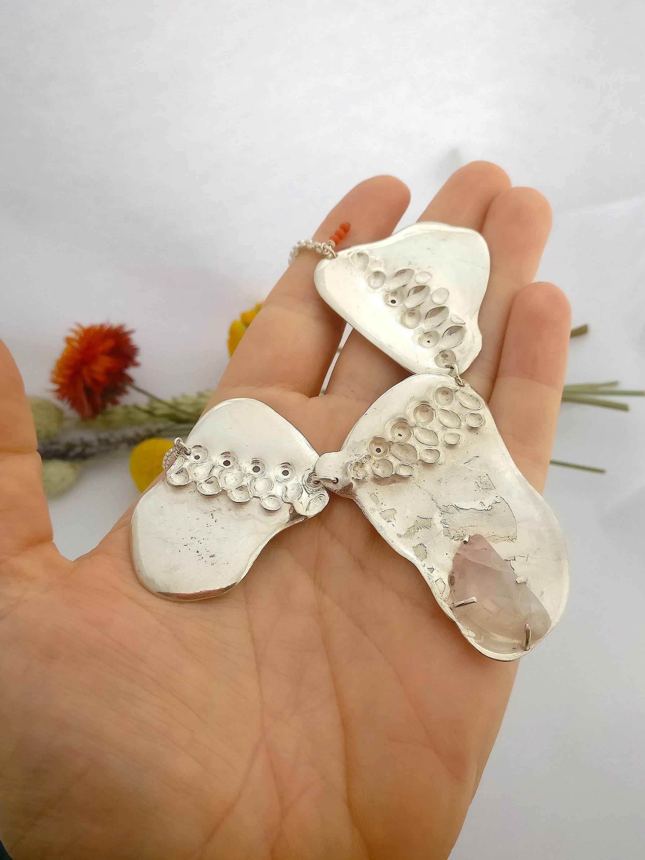 Ketting in zilver met rozenkwart: Grote schakel