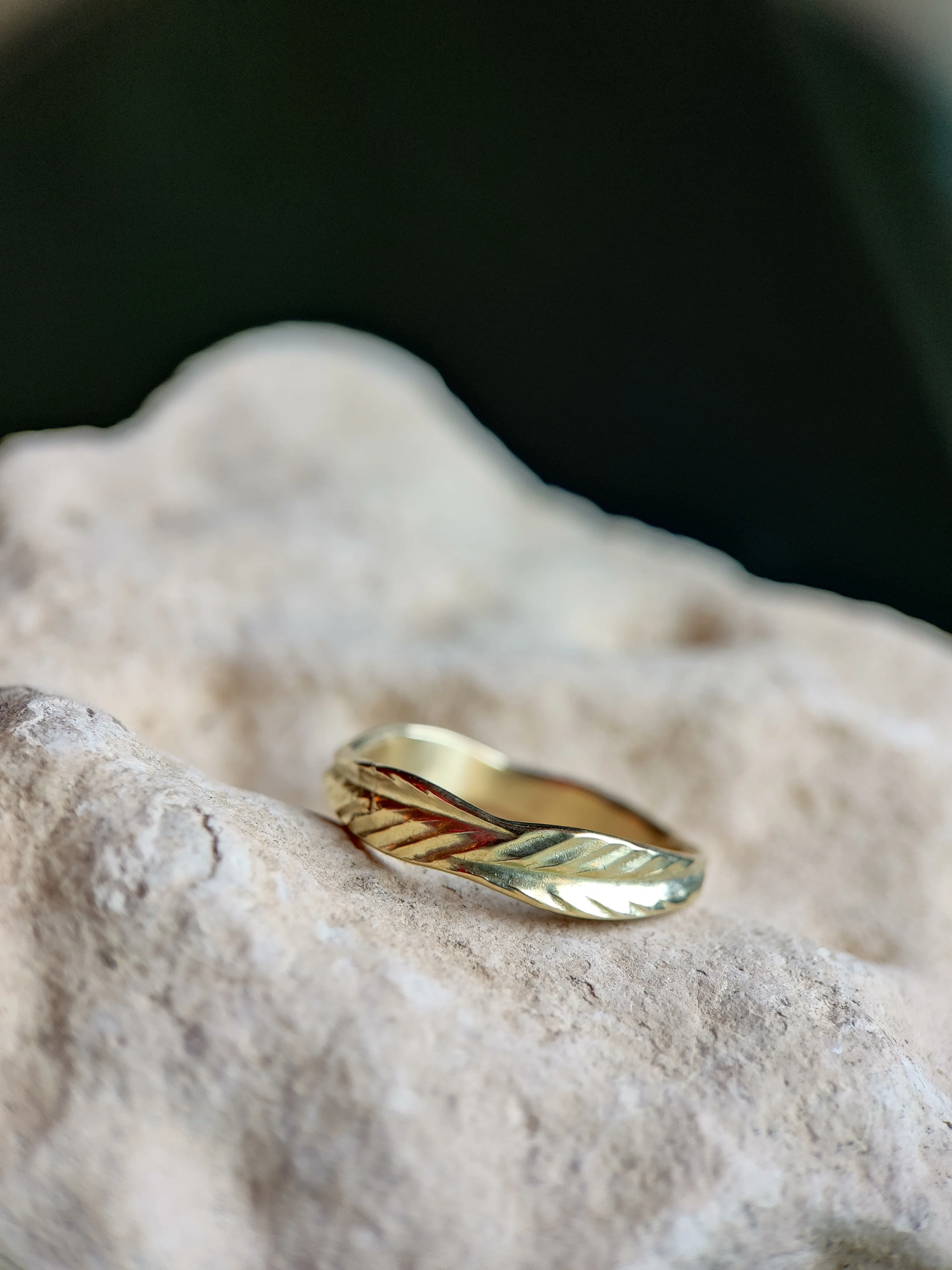Ring in 14K geel goud met veer patroon: Fien