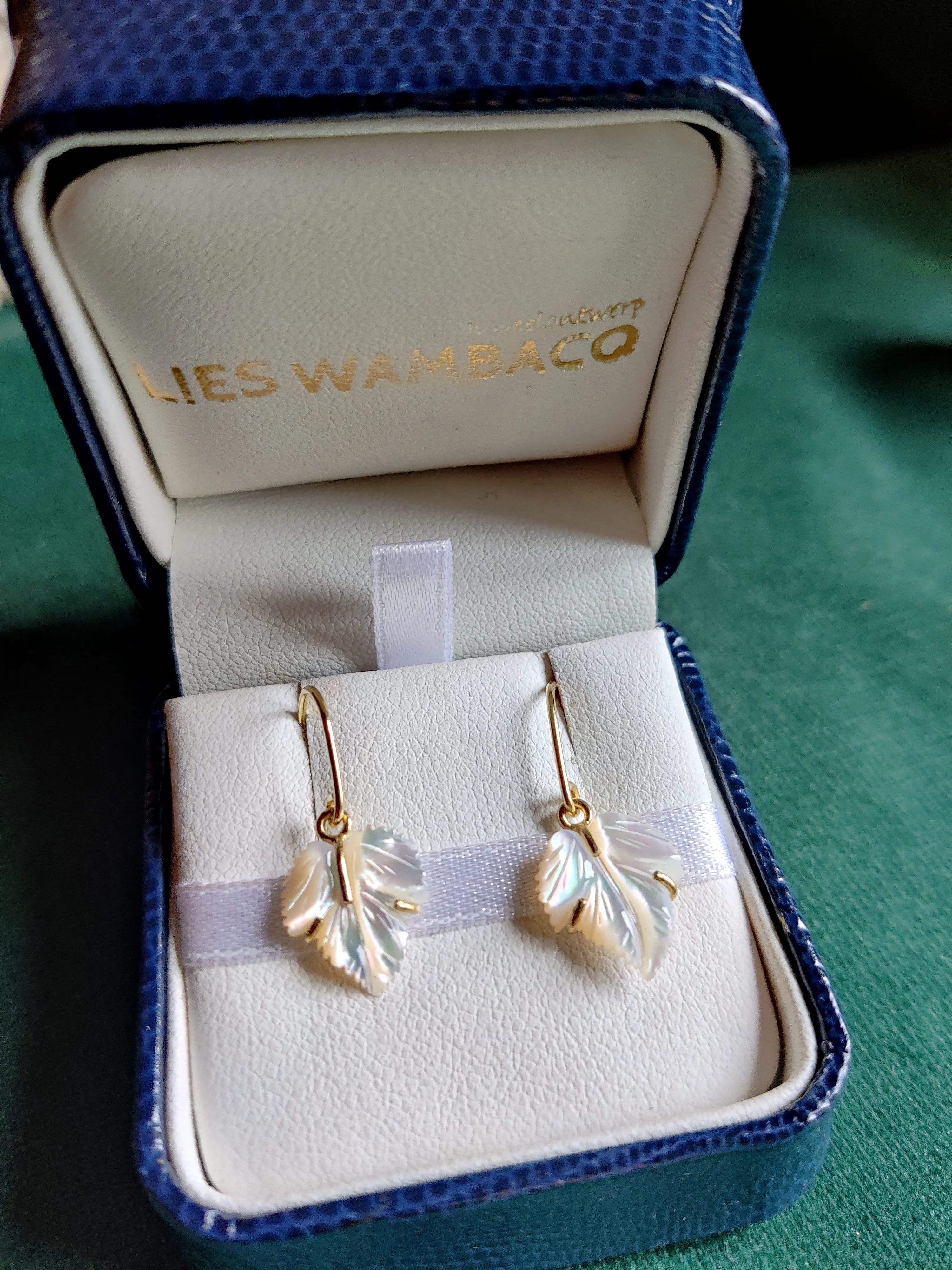 Oorbellen in 18K geel goud met parelmoer: Blaadje