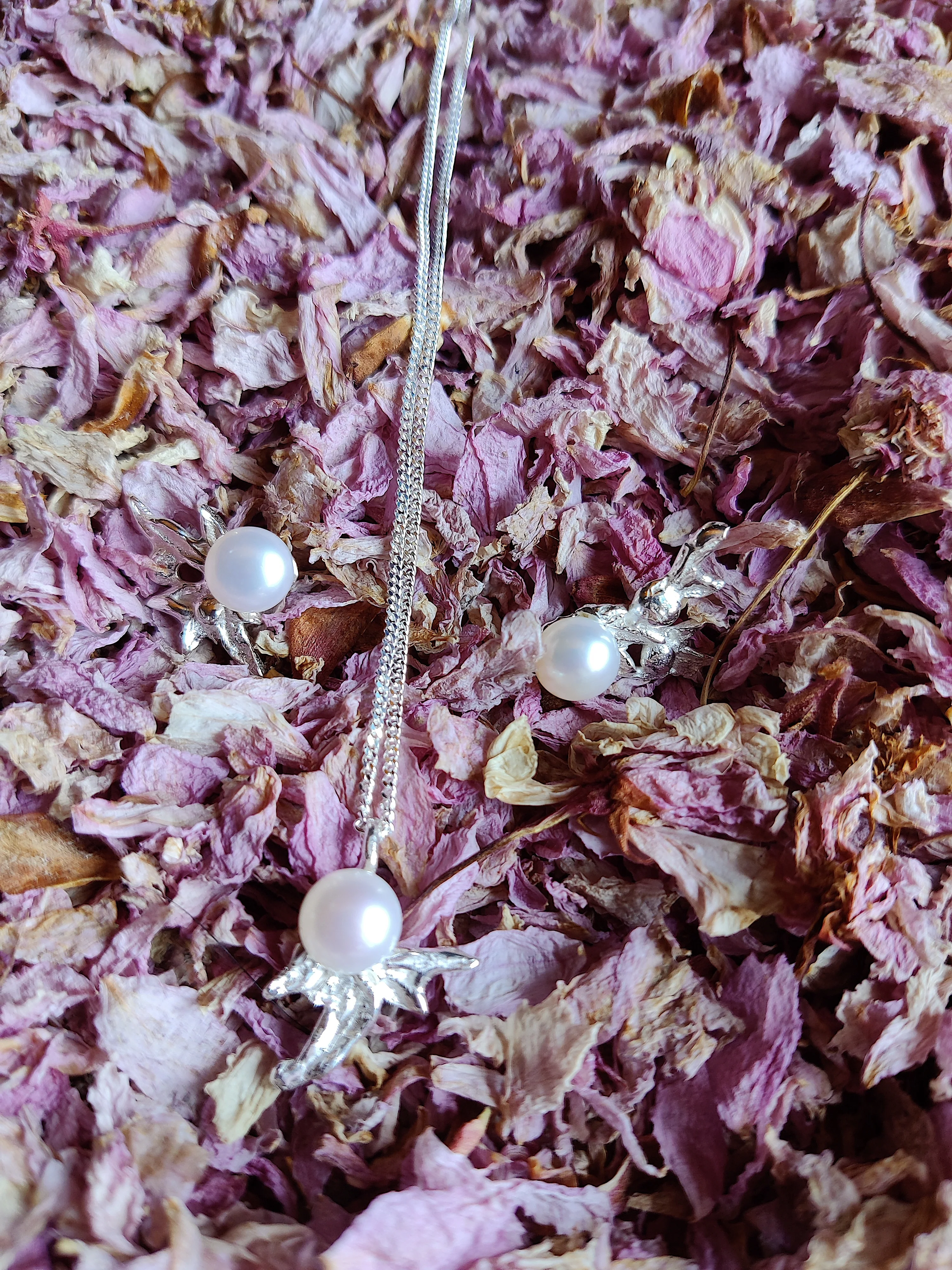 Set van ketting en oorbel in zilver met zoetwaterparel: Bouton bouquet