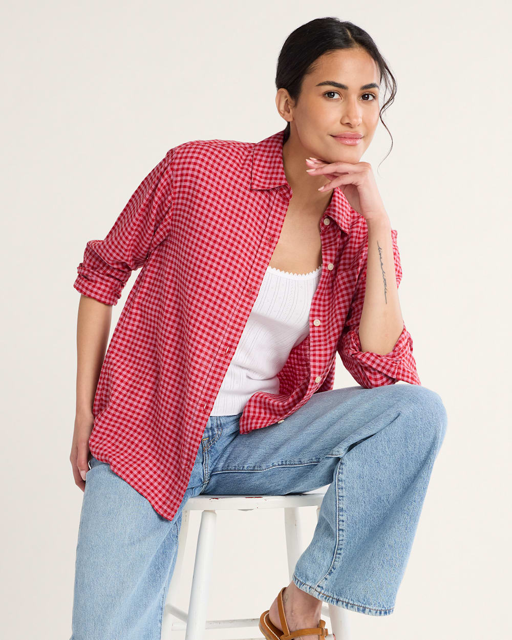 WOMEN'S PINK CHECK COASTAL LINEN SHIRT