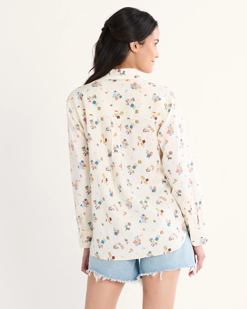 WOMEN'S BEACH PRINT COASTAL LINEN SHIRT
