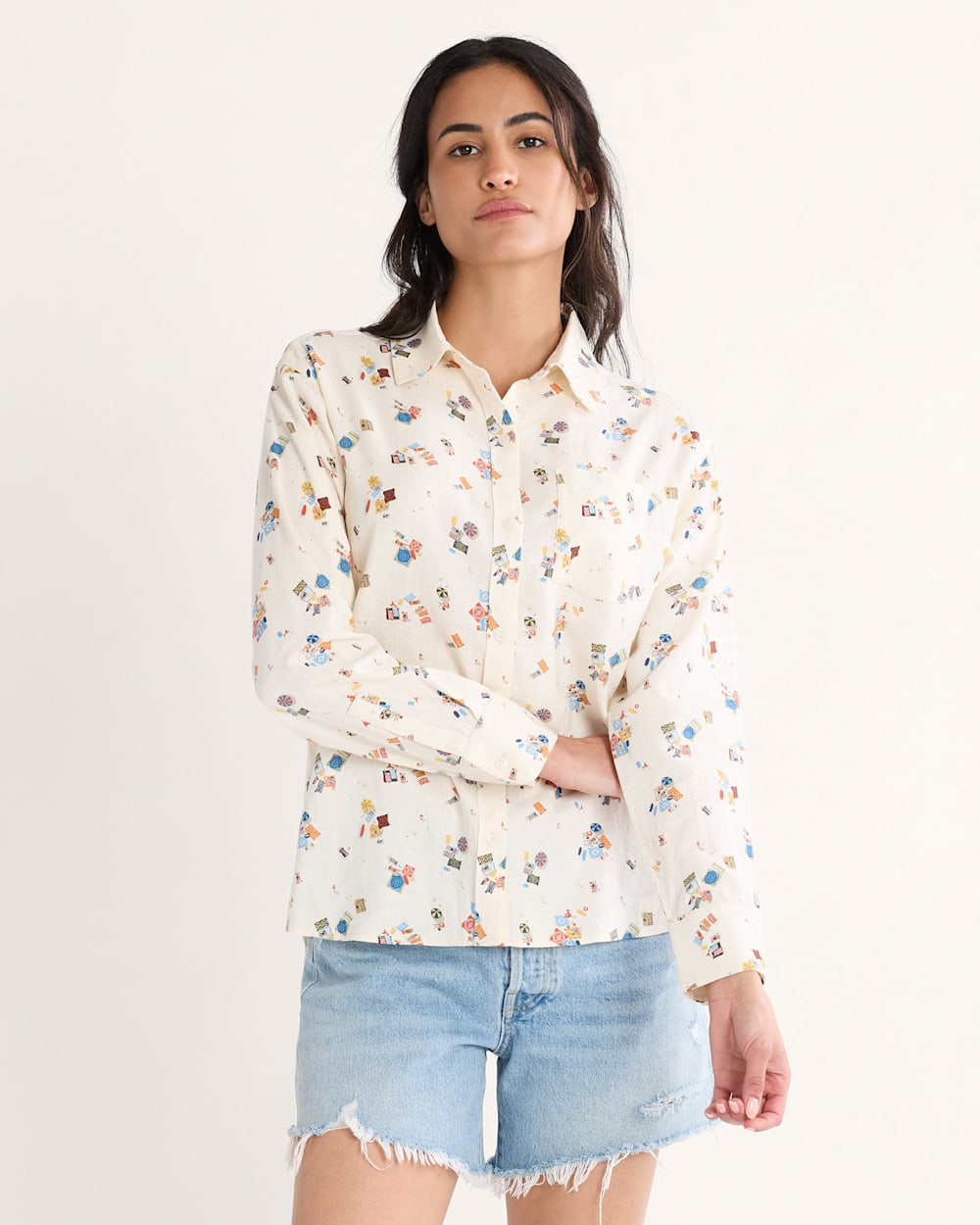 WOMEN'S BEACH PRINT COASTAL LINEN SHIRT