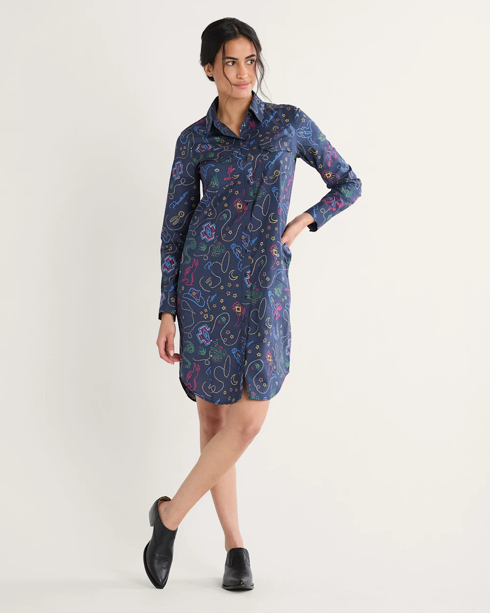 WOMEN'S WESTERN PRINT GAMBLER SHIRT DRESS