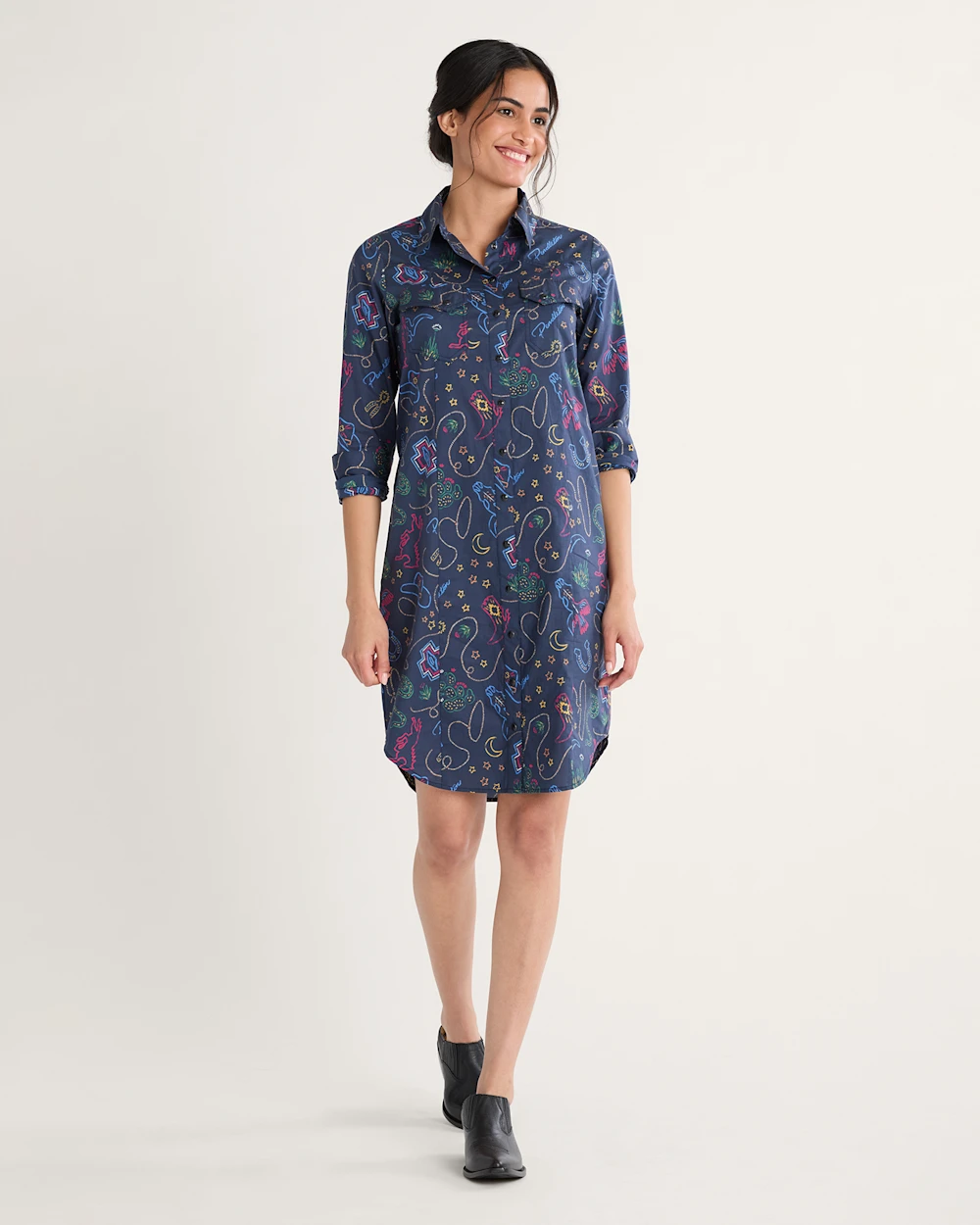 WOMEN'S WESTERN PRINT GAMBLER SHIRT DRESS