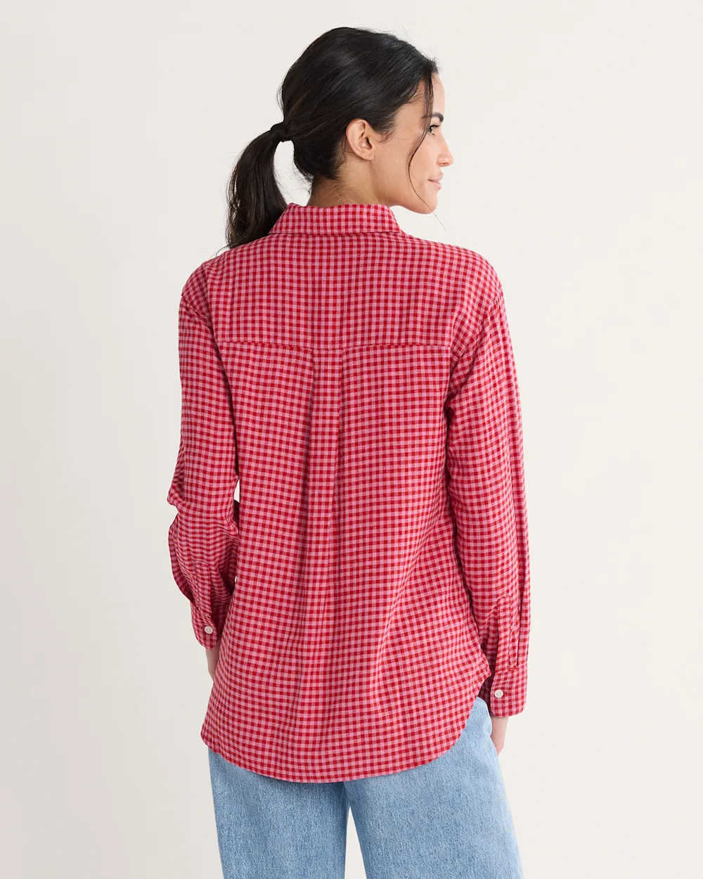 WOMEN'S PINK CHECK COASTAL LINEN SHIRT