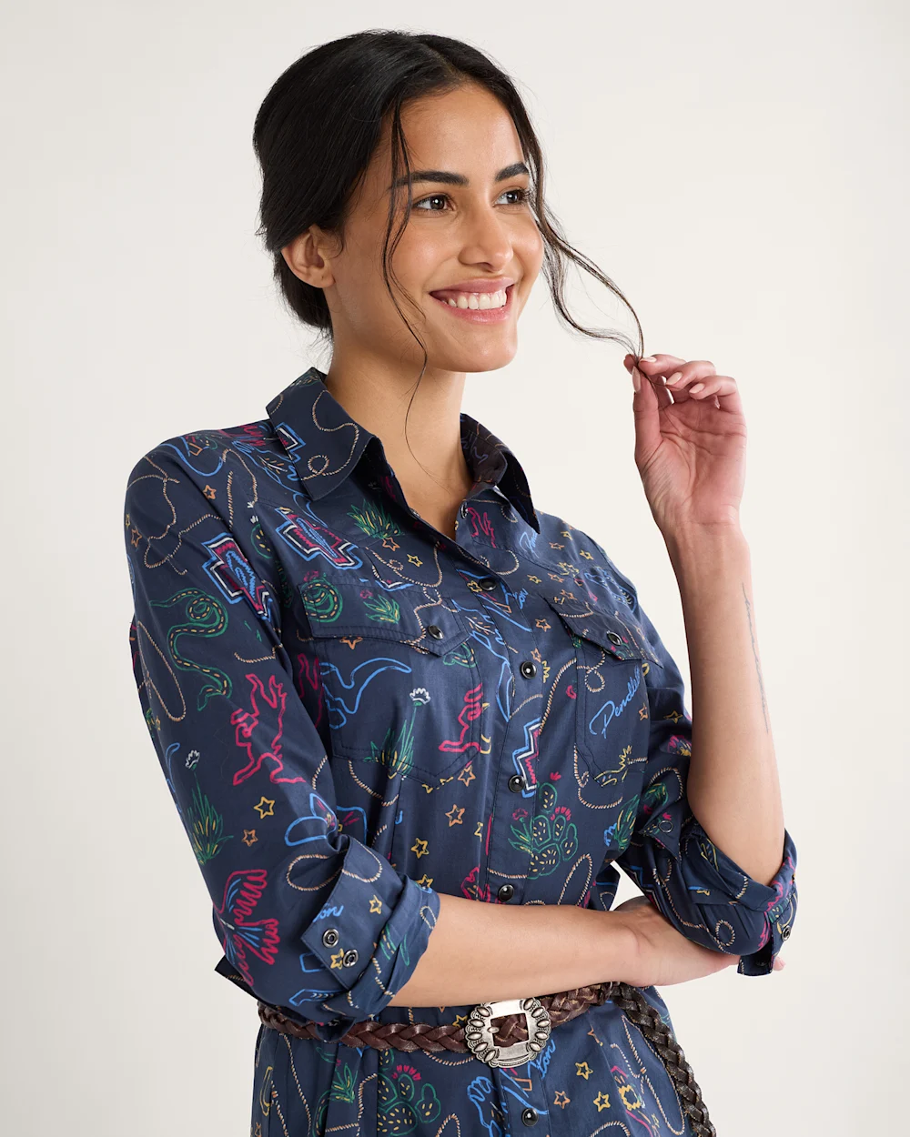 WOMEN'S WESTERN PRINT GAMBLER SHIRT DRESS