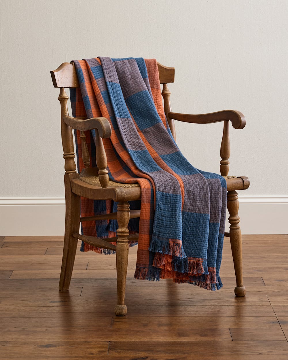 BLOCK PLAID ORGANIC COTTON FRINGED THROW