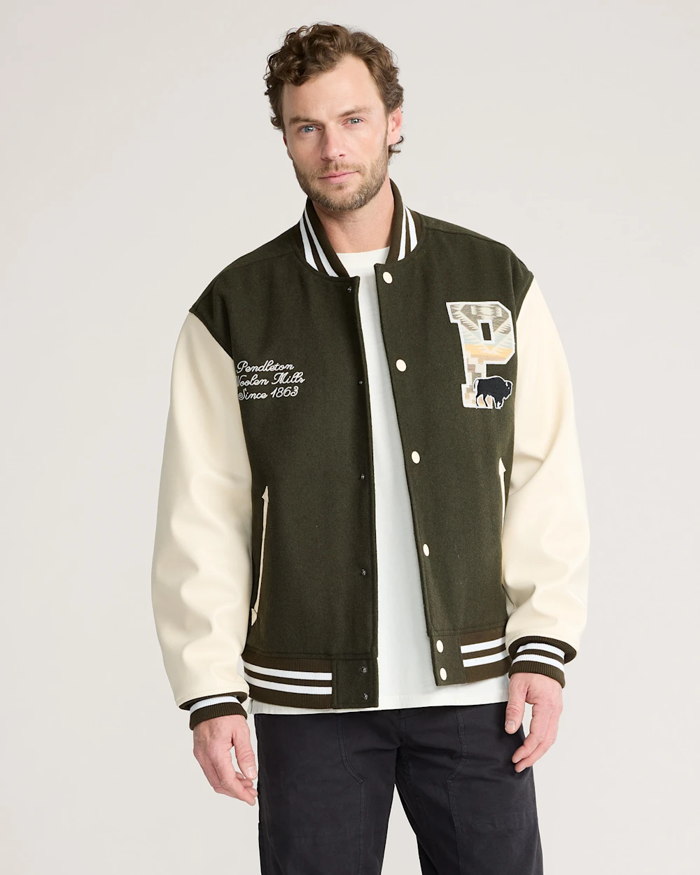 MEN'S PENDLETON UK WOOL/FAUX LEATHER VARSITY JACKET