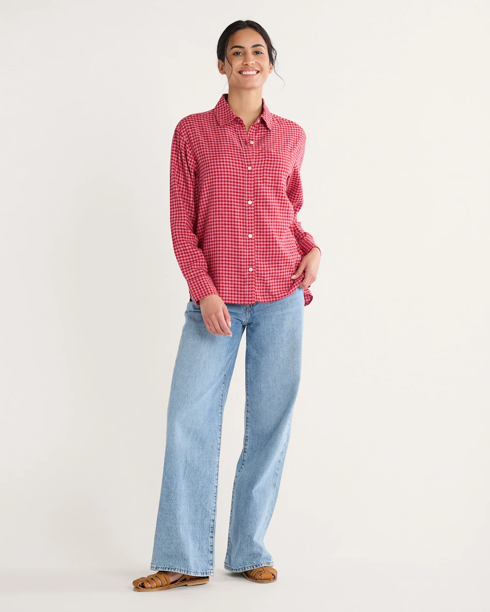 WOMEN'S PINK CHECK COASTAL LINEN SHIRT
