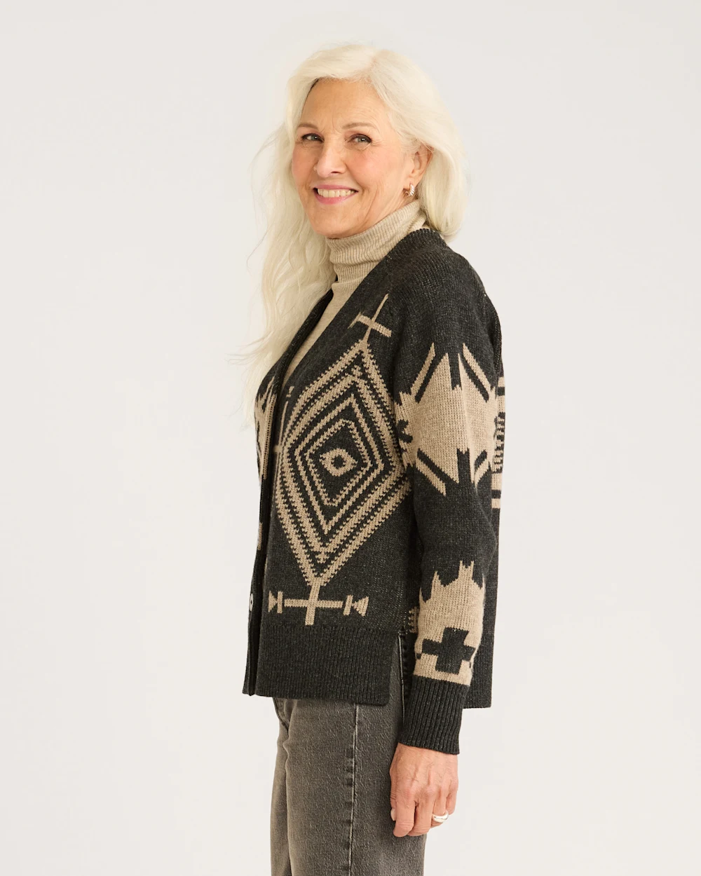 WOMEN'S LAMBSWOOL MIXED GRAPHIC CARDIGAN