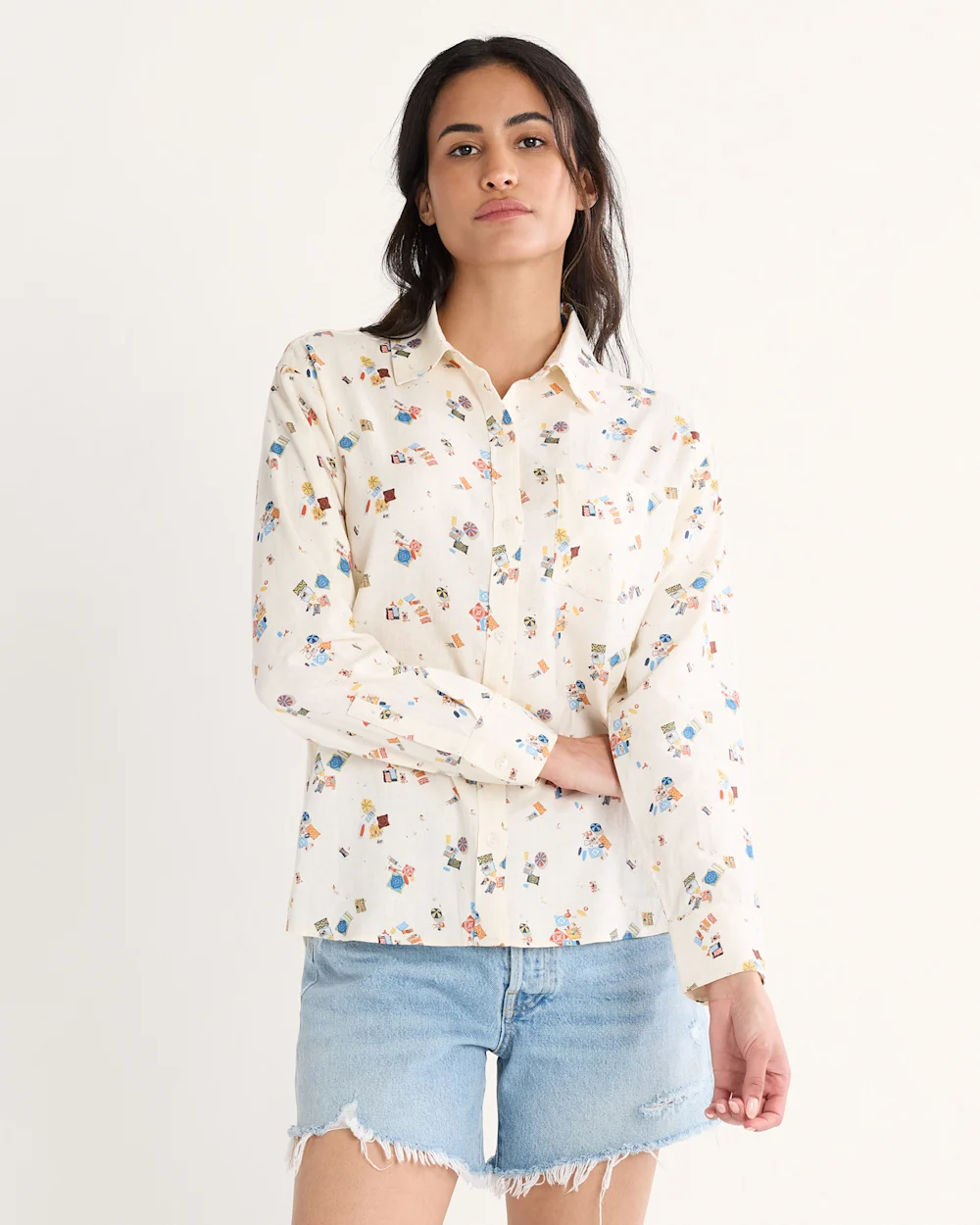 WOMEN'S BEACH PRINT COASTAL LINEN SHIRT