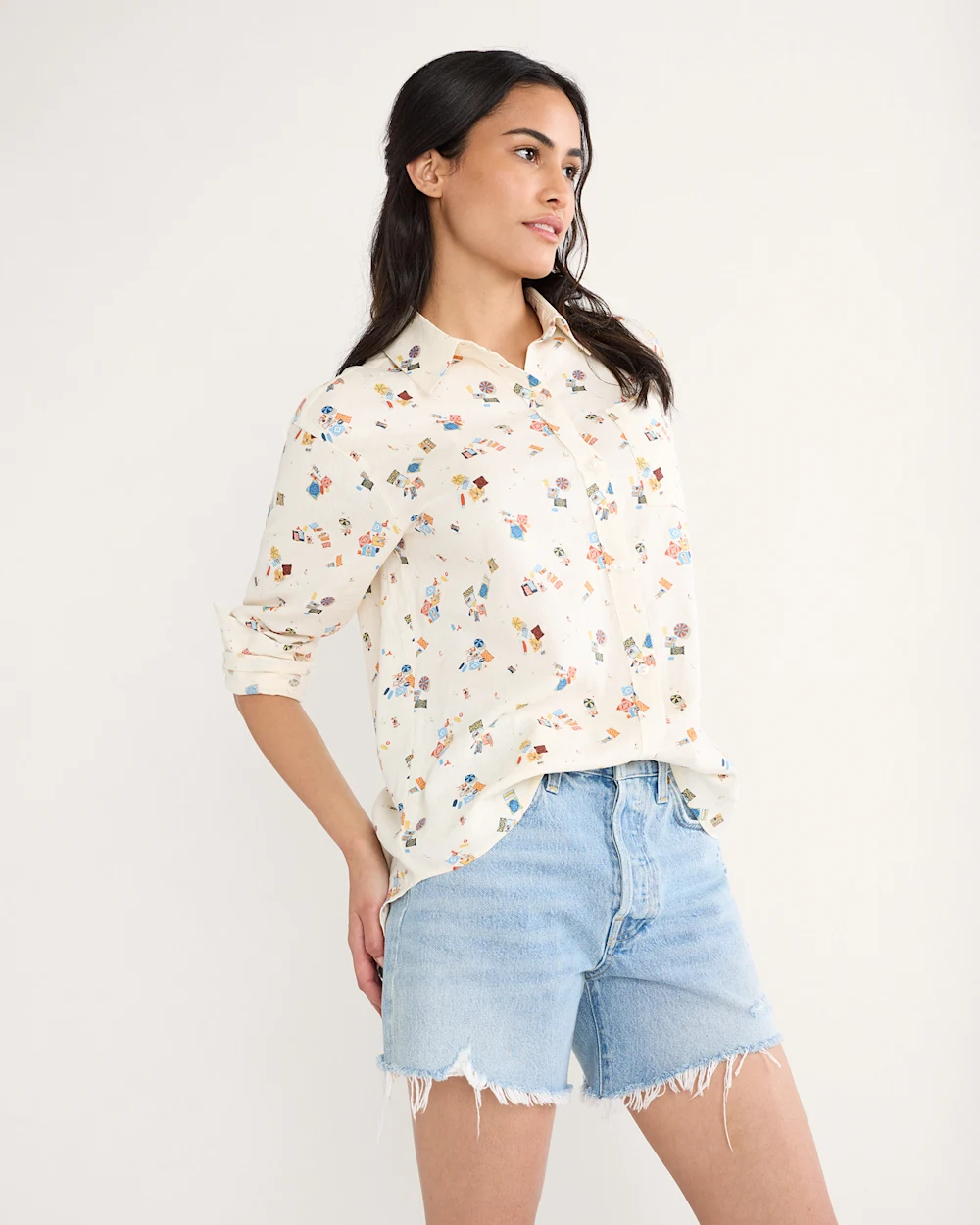 WOMEN'S BEACH PRINT COASTAL LINEN SHIRT