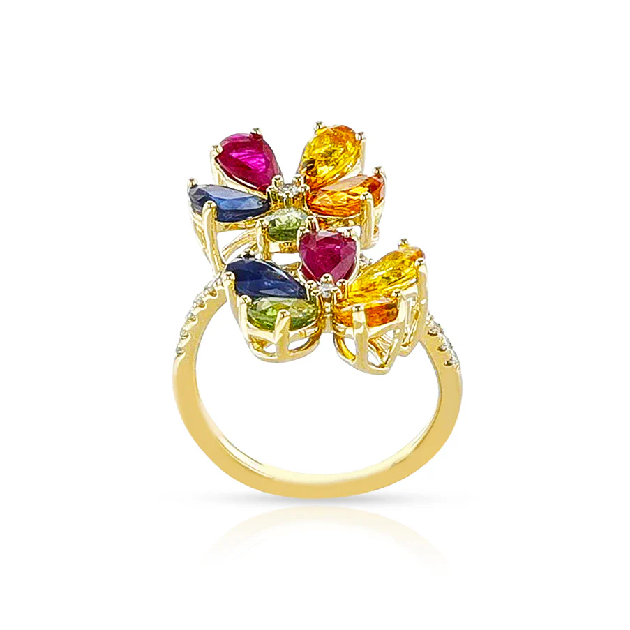 Multi-Sapphire and Diamond Double Floral Cocktail Ring, 14k