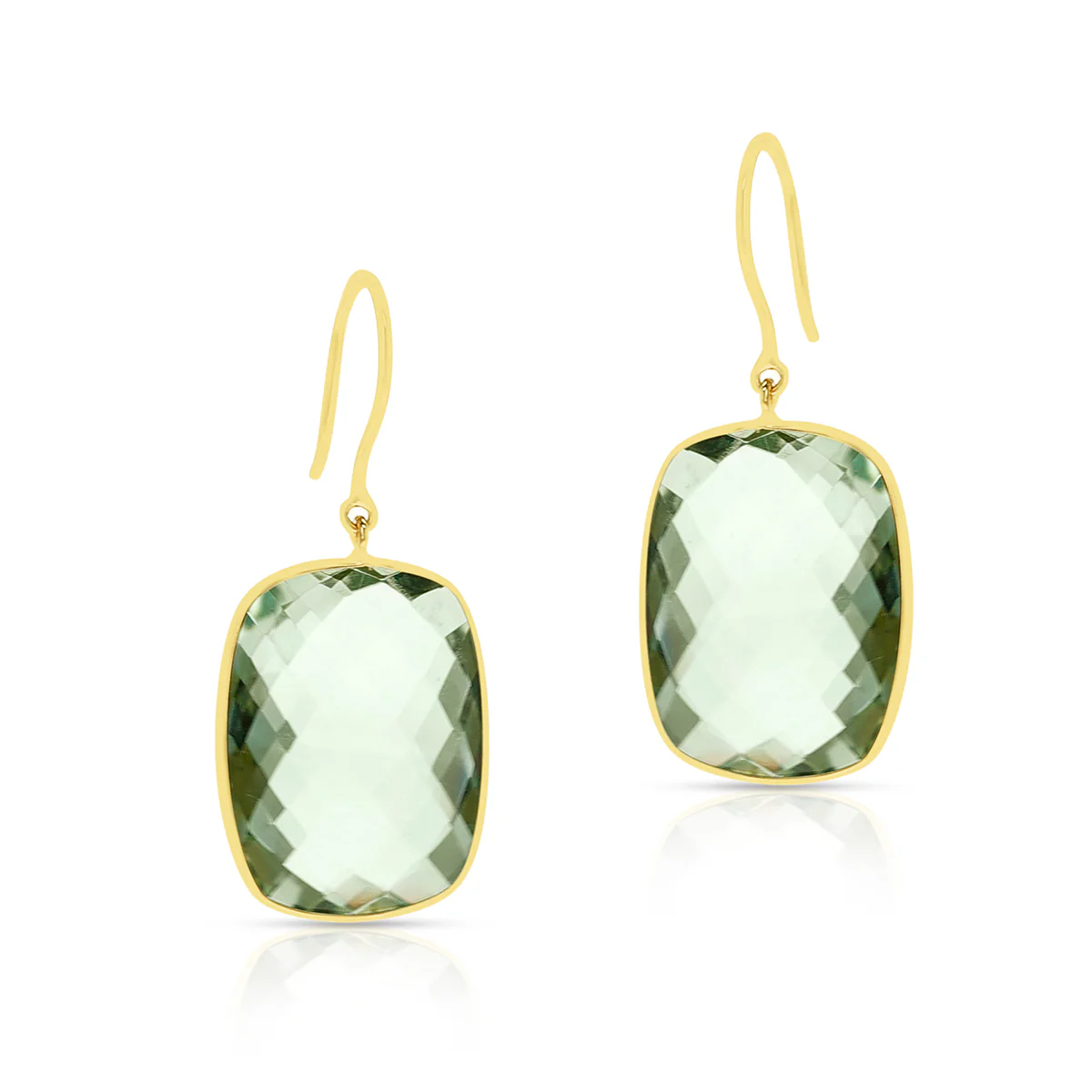 Green Amethyst Cushion Shape Dangling Earrings made in 18 Karat Yellow Gold.