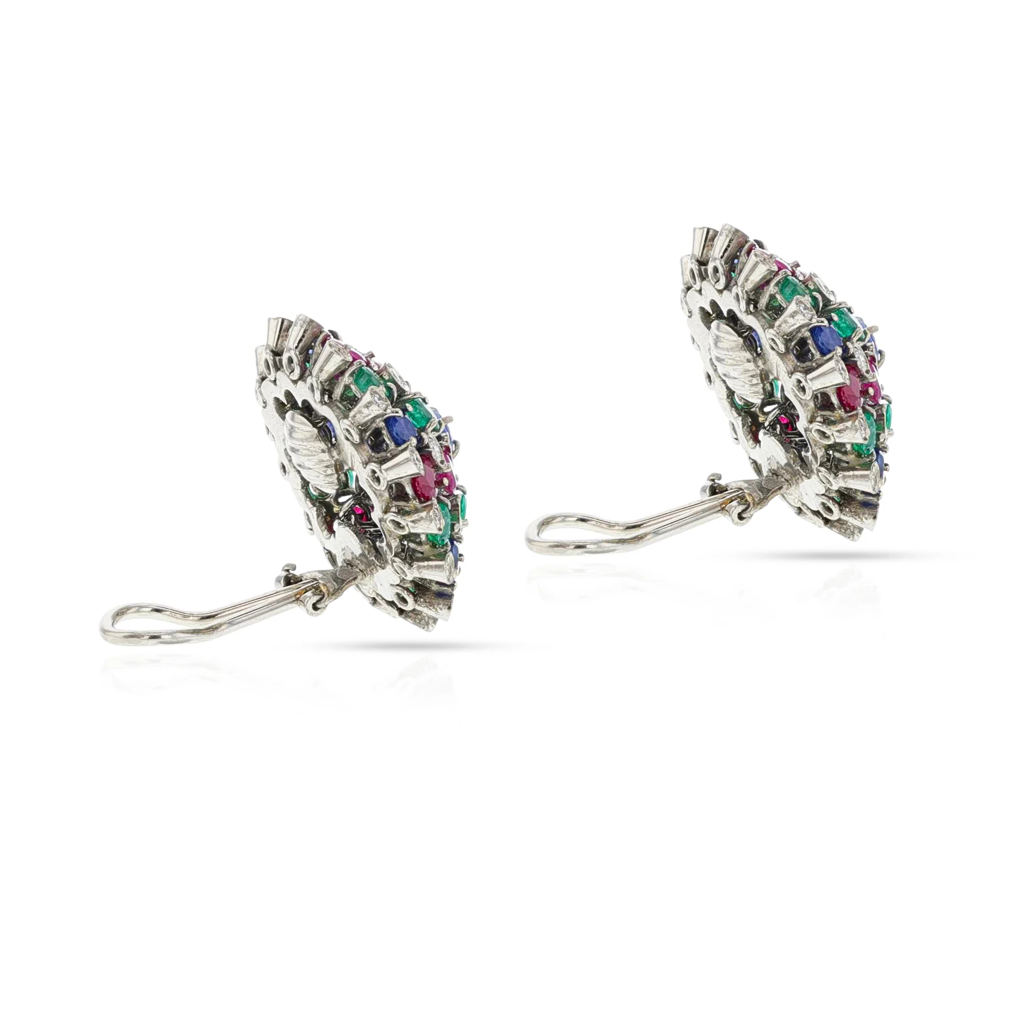 Round Ruby, Emerald, Sapphire and Diamond Dome Earrings, 18k