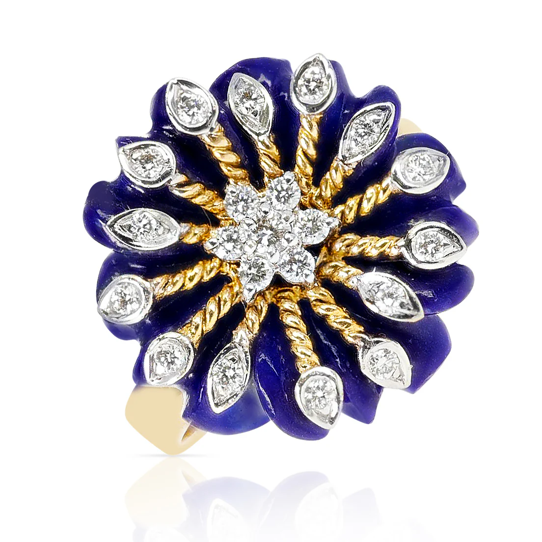 Carved Floral 8.21 ct. Lapis with 0.21 ct. Diamonds and Gold Ring, 14K Yellow