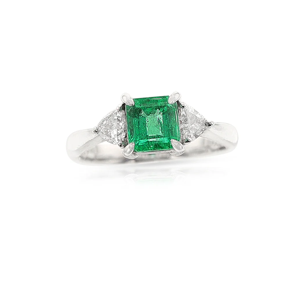 Square-Cut Emerald Three Stone Ring, Platinum