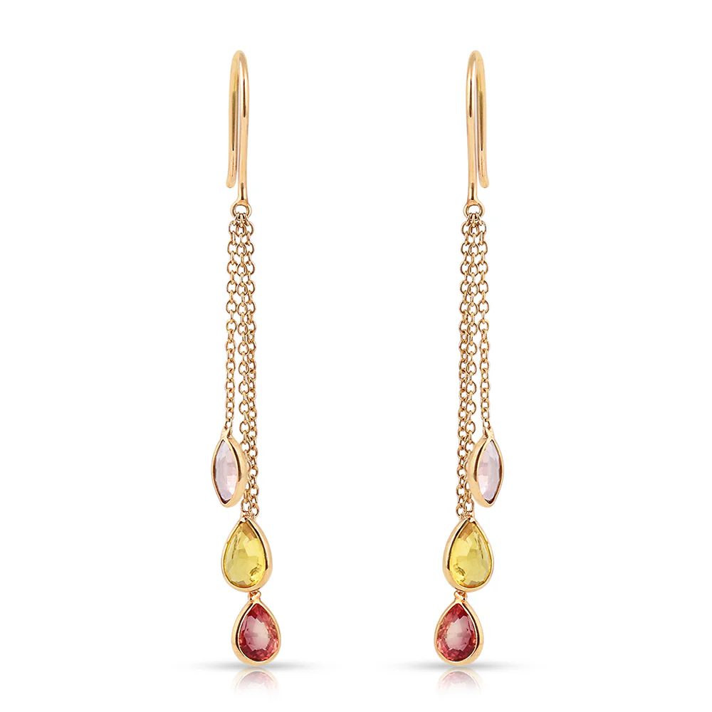 Multi Sapphire Pear Shape Dangling Earrings made in 18 Karat Yellow Gold.