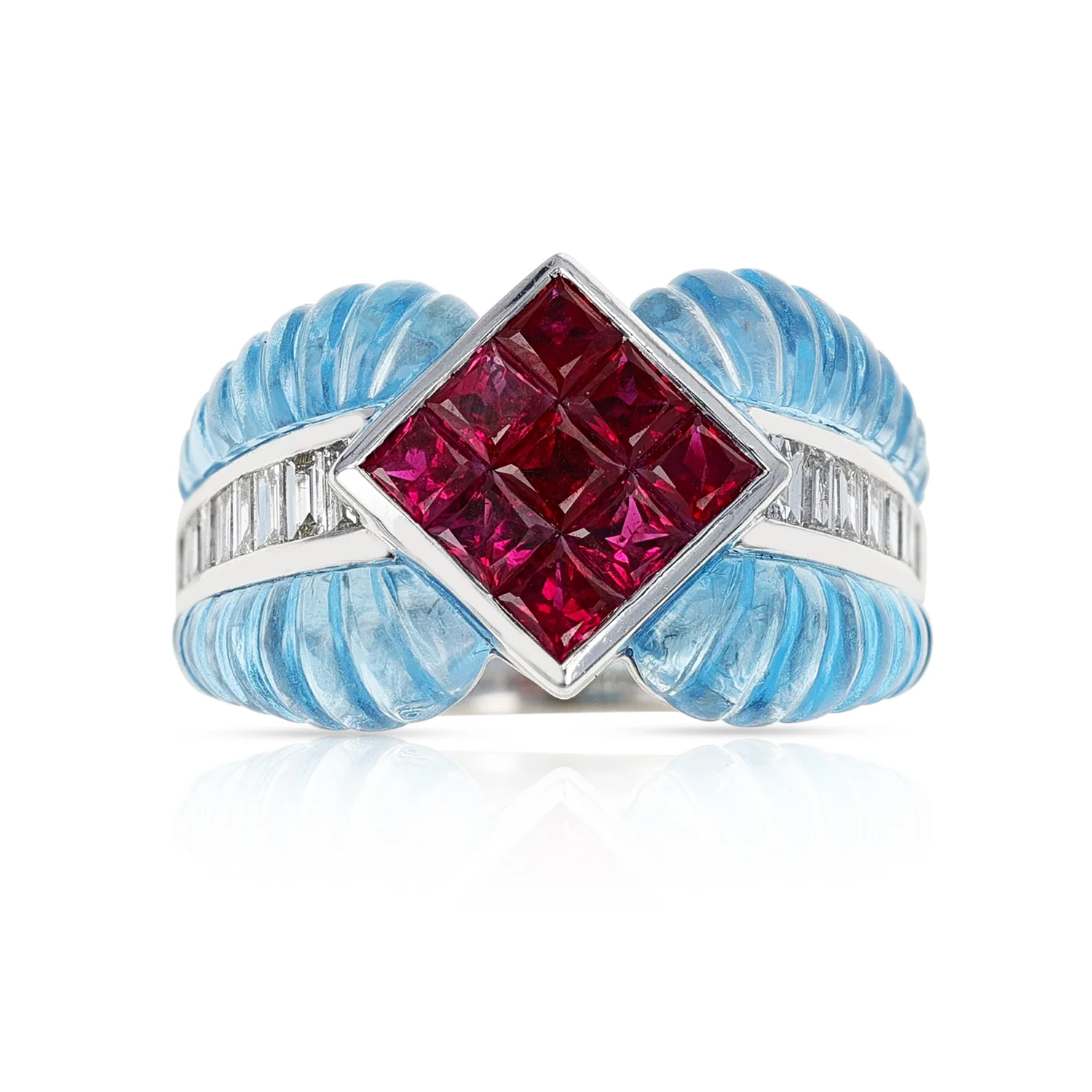 Carved Blue Topaz Ring with 1.40 ct. Ruby set with 0.46 cts. Diamonds, 18k Gold