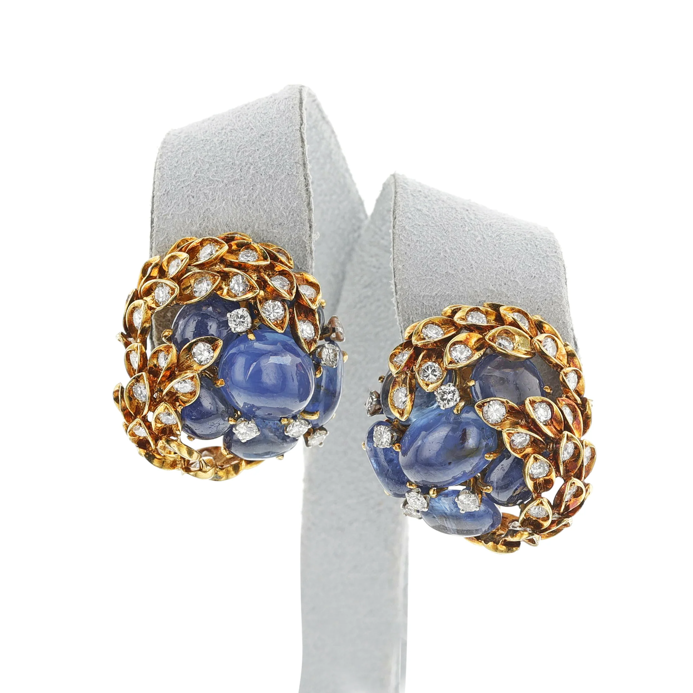 David Webb Sapphire Cabochon and Diamond Earrings, 18k