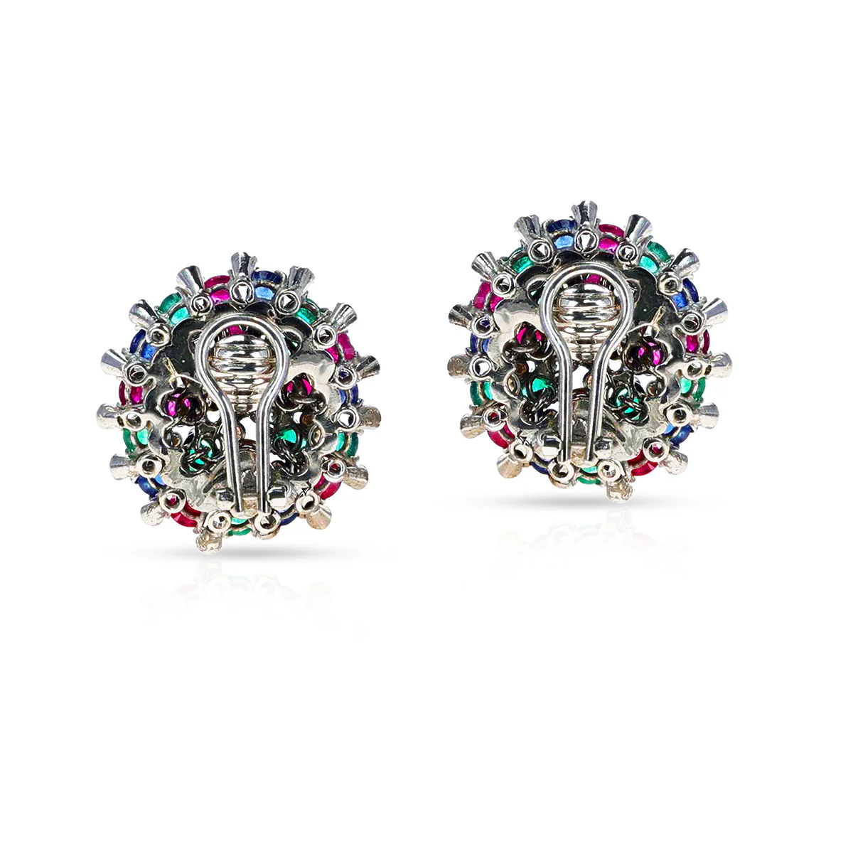 Round Ruby, Emerald, Sapphire and Diamond Dome Earrings, 18k