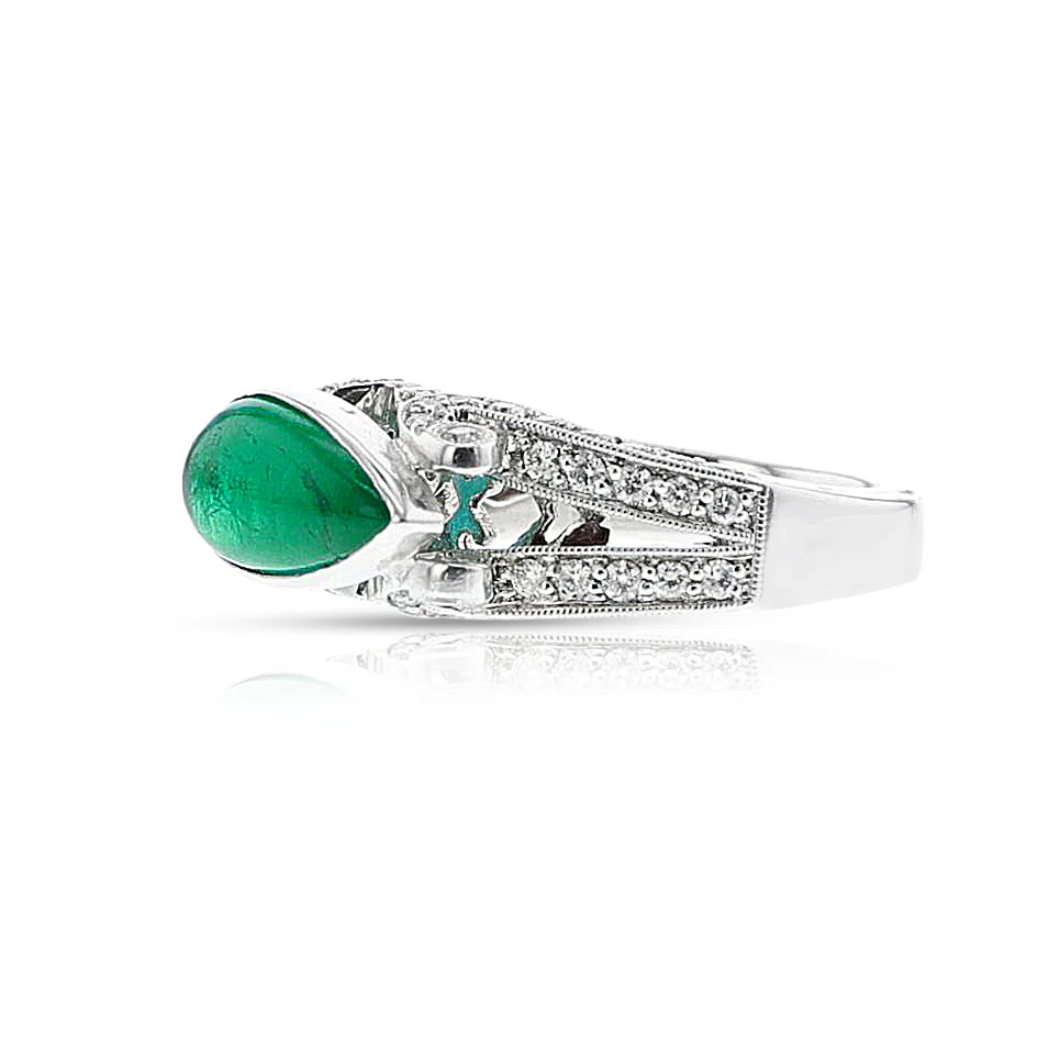 Pear Emerald Cabochon and Diamond Ring, 18k