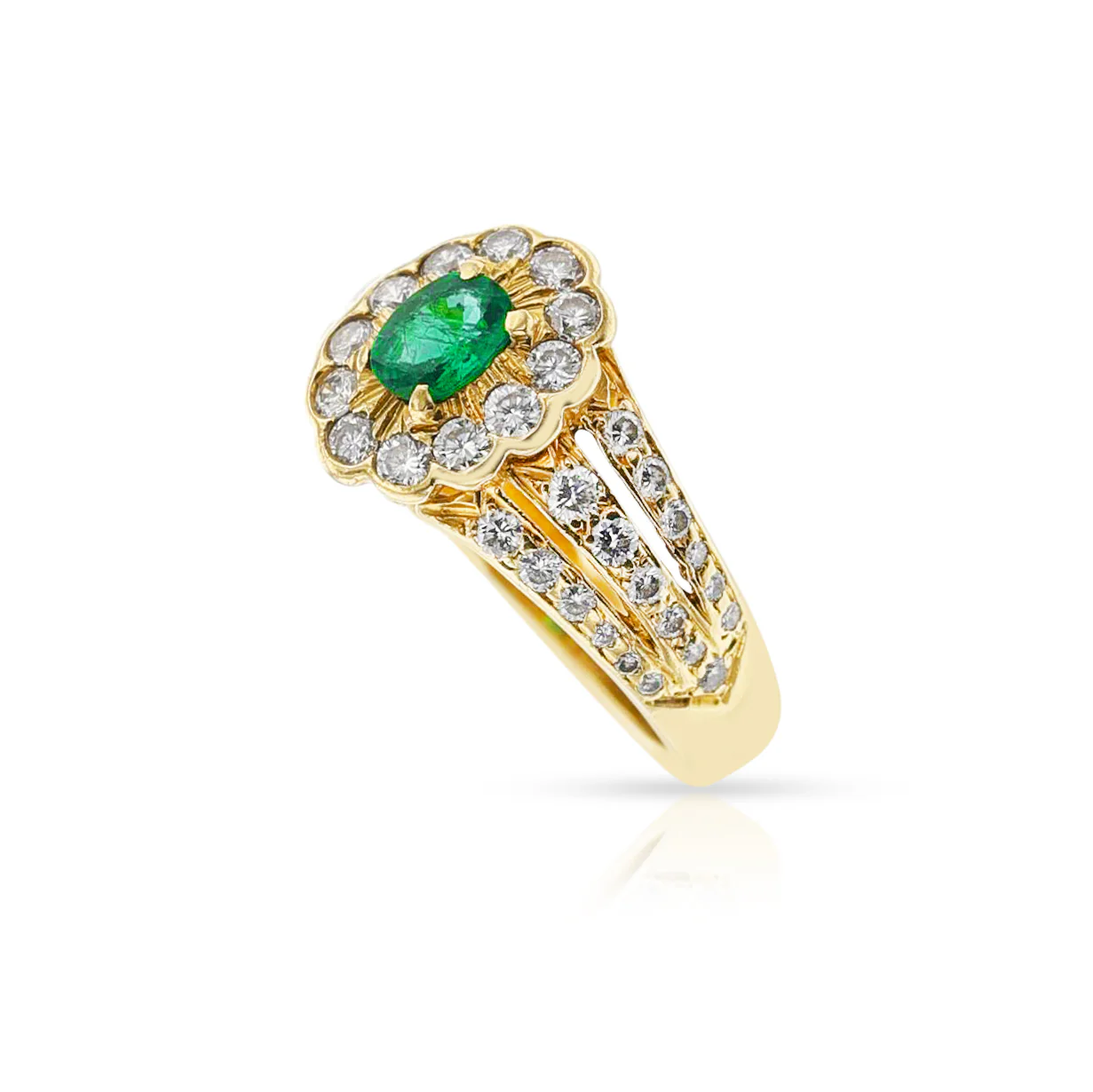 Vintage Inspired Floral Emerald and Diamond Ring, 18K Yellow Gold