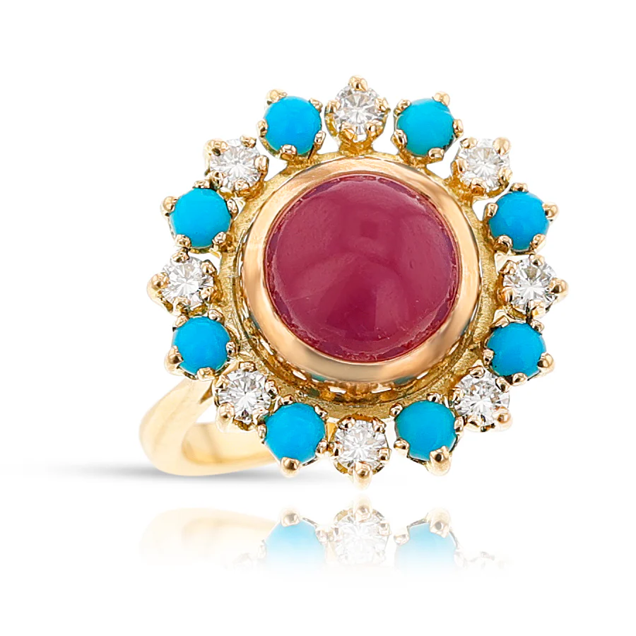 French Turquoise, Diamond and Ruby Ring, 18k