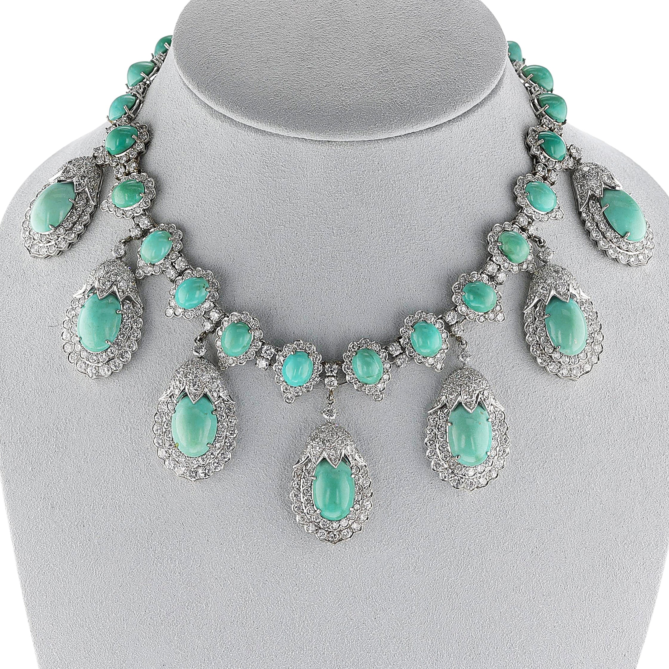 Turquoise Cabochon and Diamond Statement Necklace, 14k