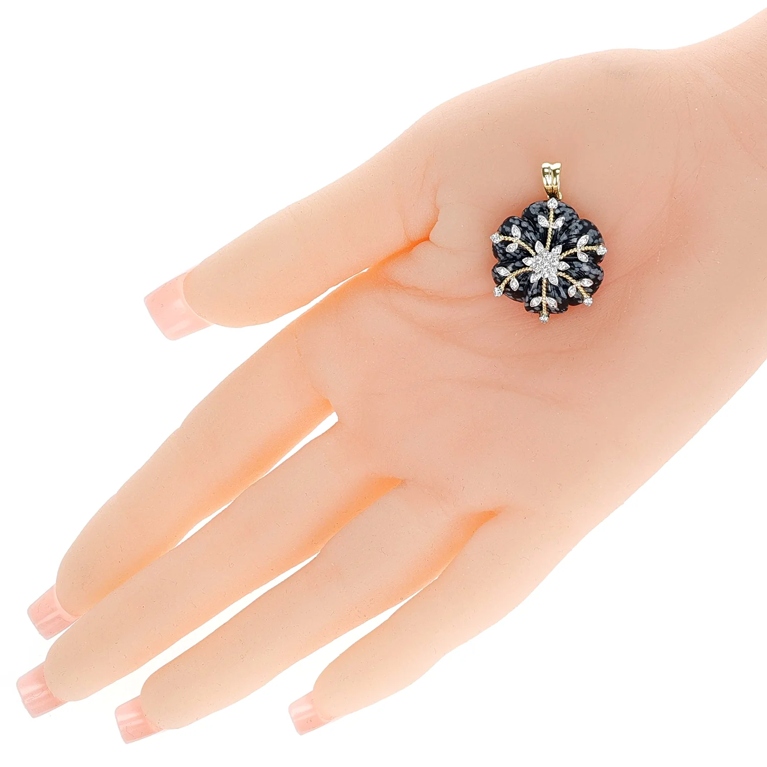 Snowflake Obsidian Carved Floral Pendant with 14k Gold and Diamonds