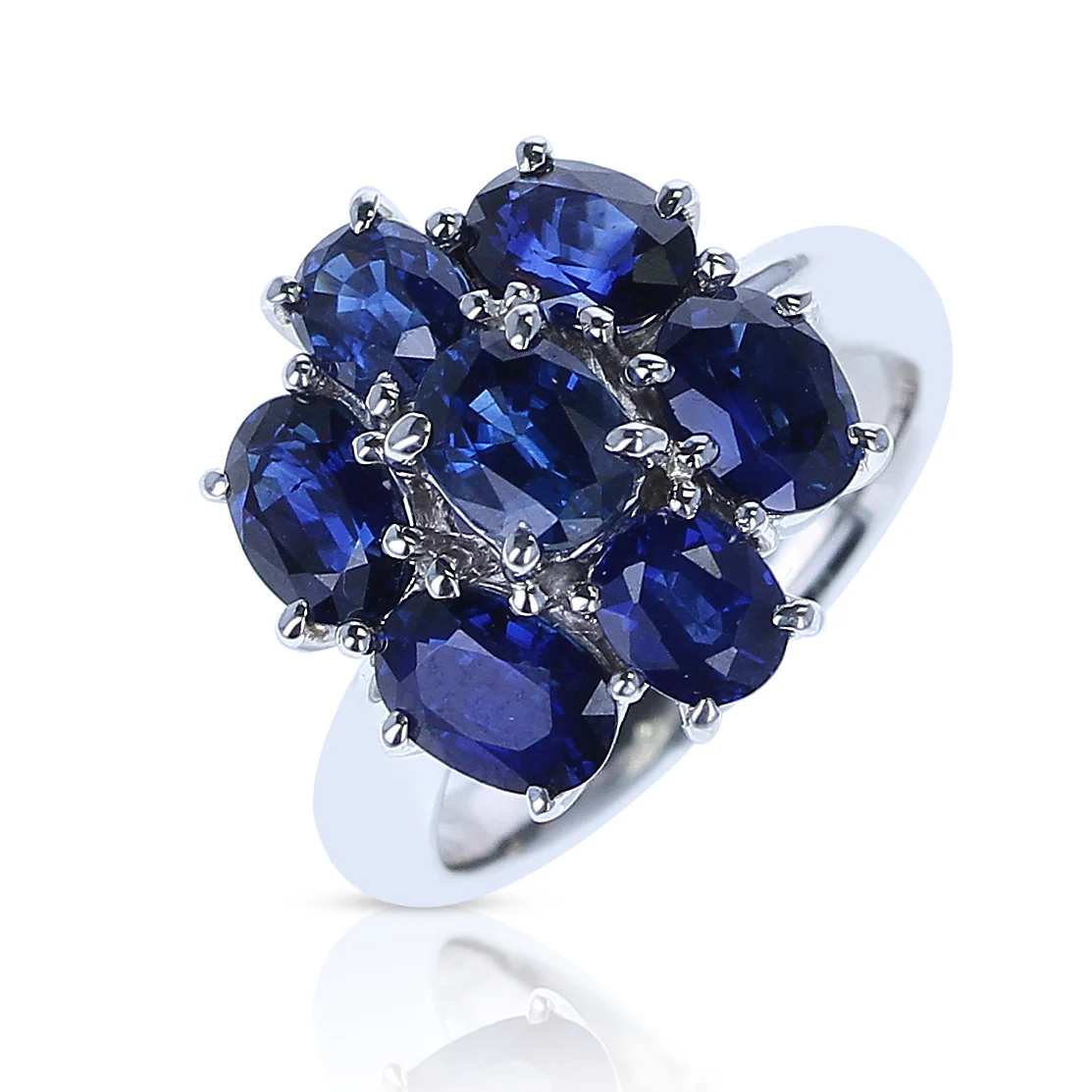 Seven Oval Blue Sapphire Cluster Ring, Platinum