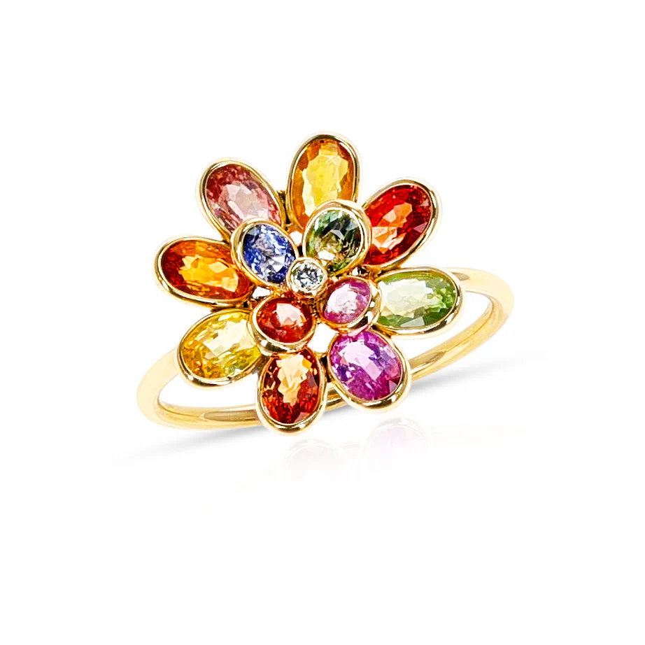 Multi-Sapphire and Diamond Flower Ring, 18K