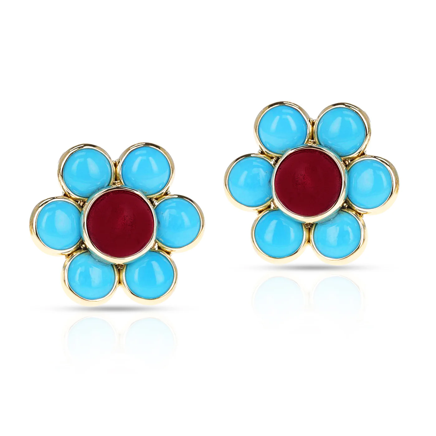 Turquoise and Tourmaline Floral Earrings, 18k Yellow Gold