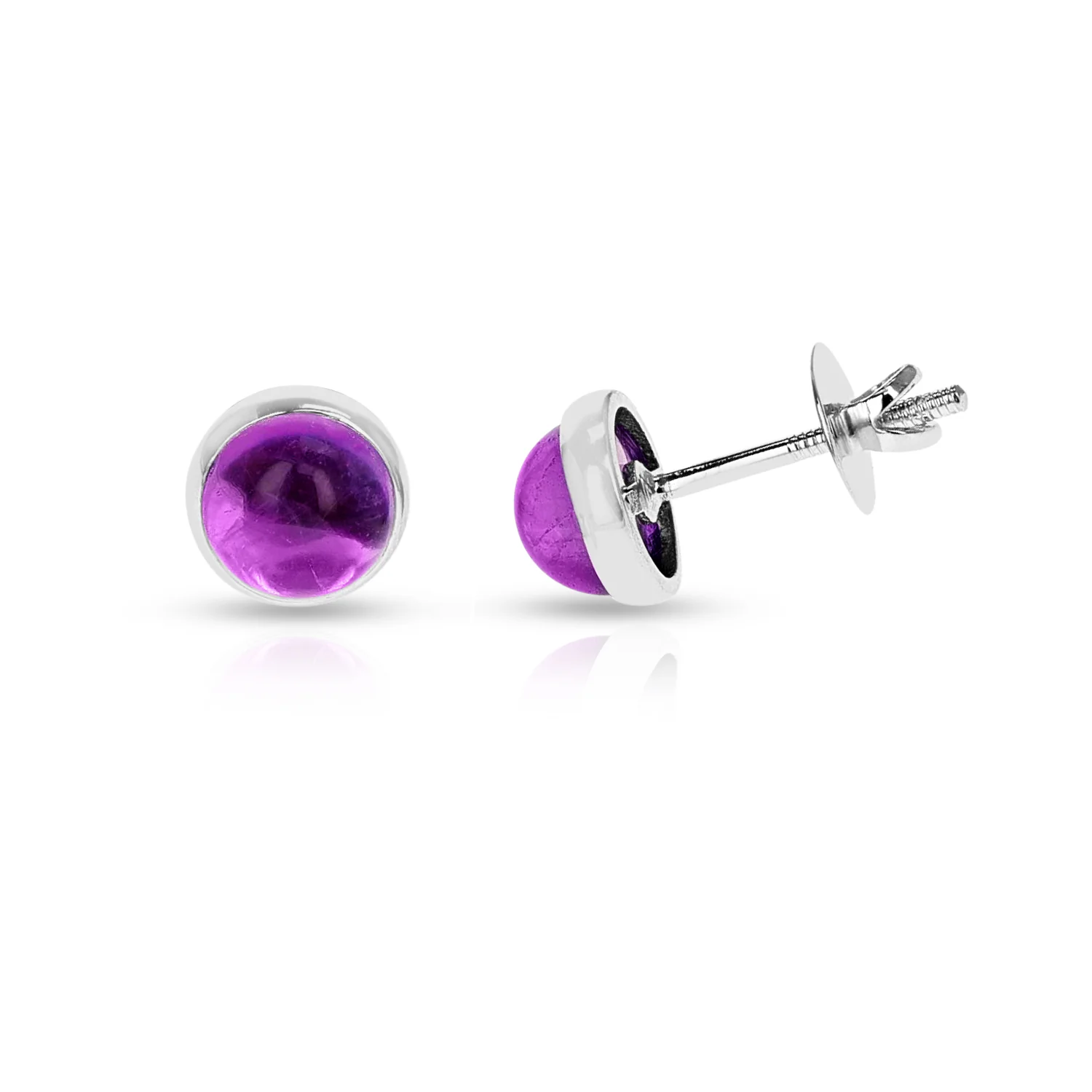 Round Amethyst Cabochon Screw-Back Stud Earrings Made in 14 Karat White Gold
