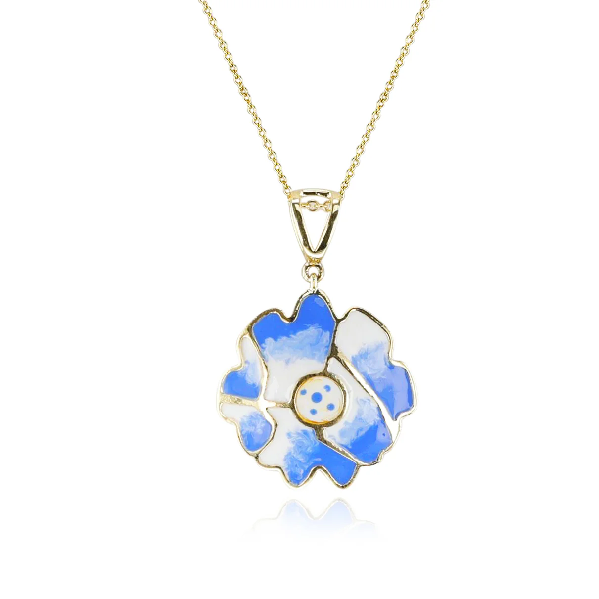 White and Blue Floral and Gold Lining Kintsugi Pendant Necklace, 14K