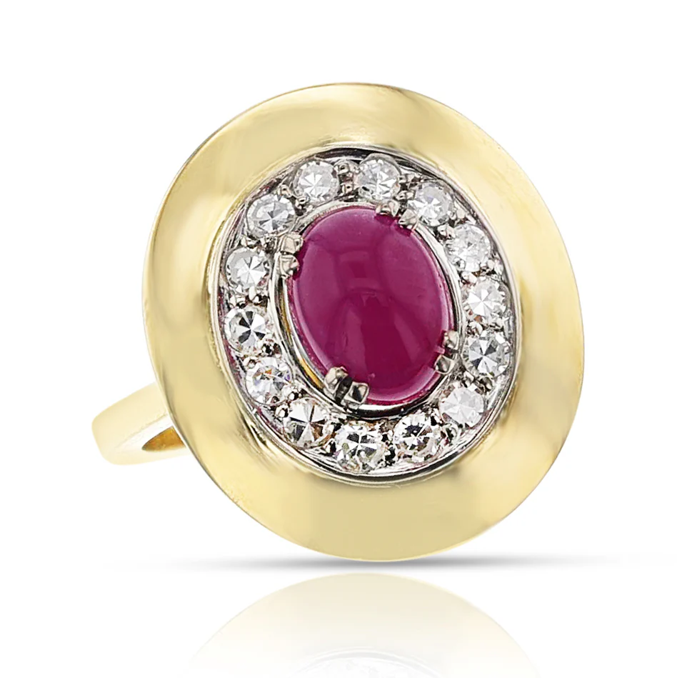 Ruby Cabochon and Diamond Ring and Earring Set, 18k and Palladium